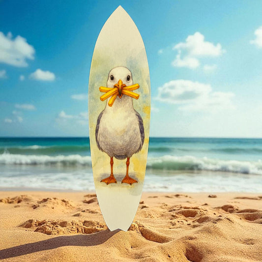 Funny Seagull Surfboard Wall Art – Outdoor Coastal Beach Decor, Seagull with Fries Design, PVC Surfboard Sign – 2ft to 5ft Sizes