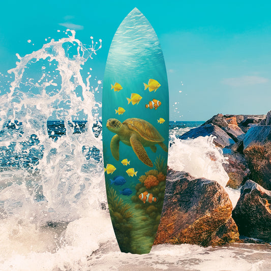 Outdoor Decorative Surfboard Wall Art - Sea Turtle Decor Surfboard Sign, Ocean-Themed, Beach House Sign, Weather Resistant PVC, 3 -5 Feet