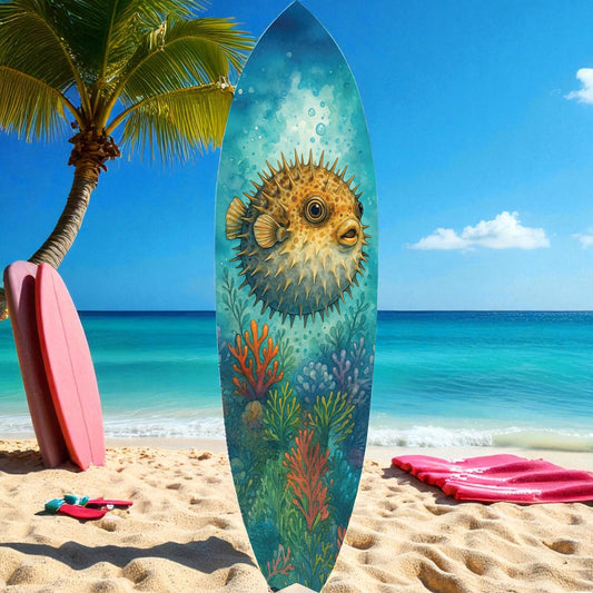Outdoor Pufferfish Surfboard Wall Art – Coastal Beach House Decor, Vibrant Ocean-Themed, PVC Tropical Fish Surfboard Sign, 3 -5 Feet