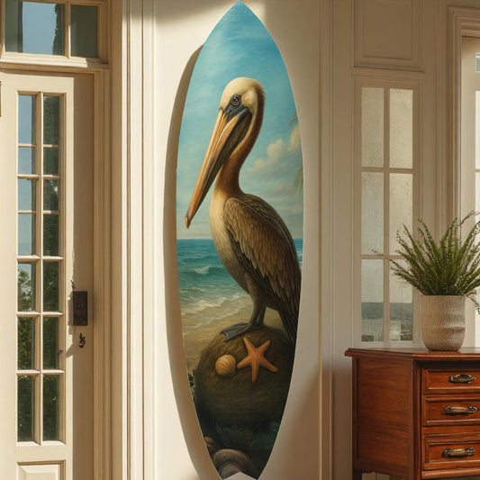 Pelican Surfboard Wall Art – Coastal Bird Decor – Artistic Ocean Surfboard Sign – Indoor Outdoor PVC – Beach House Nautical Wall Art, 3 - 5 Feet