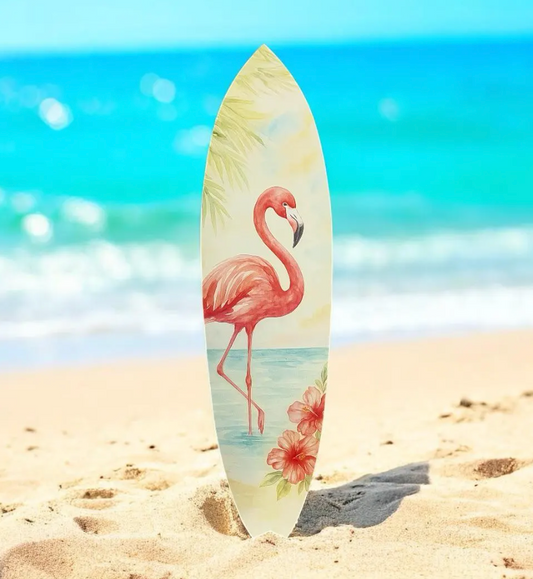 Flamingo Surfboard Wall Art – Tropical PVC Beach House Decor, Coastal Flamingo Sign for Porch or Patio, Outdoor Weatherproof Wall Art, 3 - 5 Feet