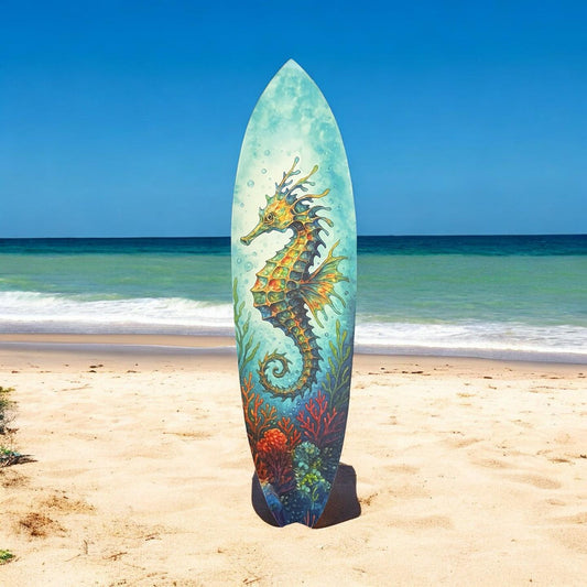 Seahorse Surfboard Wall Art – Coastal PVC Beach House Decor, Ocean Theme Nautical Wall Sign, Tropical Underwater Sea Dragon, 3 - 5 Feet