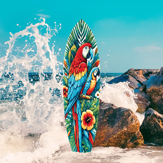 Outdoor Parrot Surfboard Wall Art Tropical Theme, Decorative for Indoor Outdoor, Surfboard Sign, Parrot Decor, Weatherproof PVC, 3 - 5 Feet