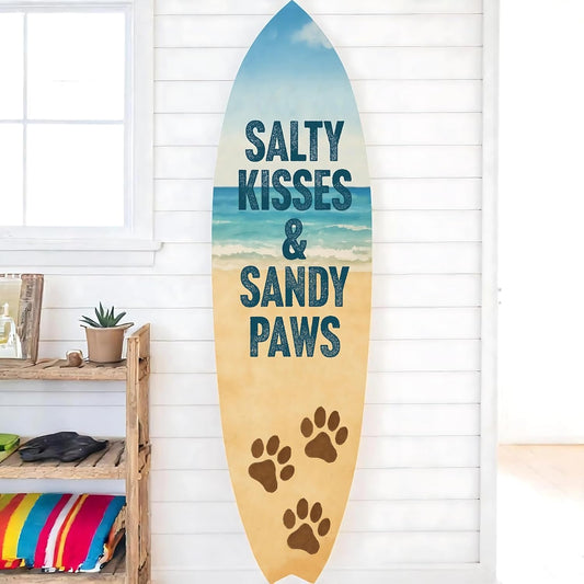 Outdoor Dog Surfboard Wall Art Salty Kisses Sandy Paws – Coastal Pet Wall Art, PVC Beach House Decor for Dog Owners, 3 - 5 Feet