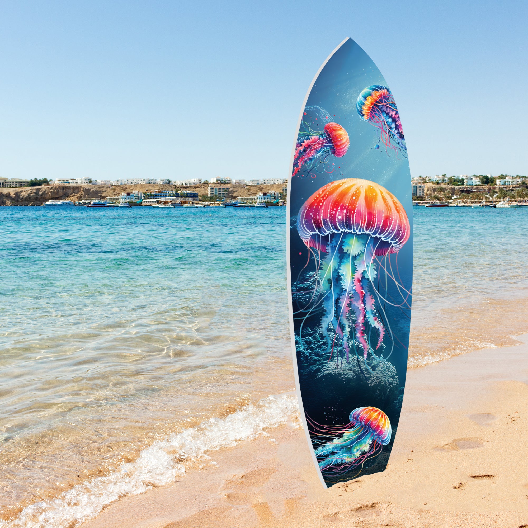 JennyGems Jellyfish Surfboard Wall Decor | Ocean Theme PVC | Weather Resistant Indoor Outdoor | Jellyfish Wall Art | Coastal Beach Decor | 3 to 5 ft