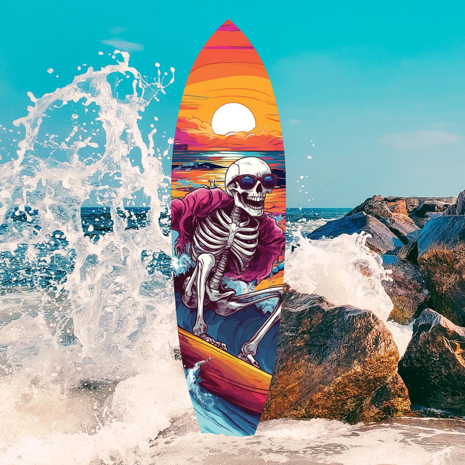 Halloween Surfboard Skeleton Wall Art – Spooky Surfing Sunset PVC Sign – Coastal Halloween Decor for Porch, Patio, or Beach House, 2 - 5 FT