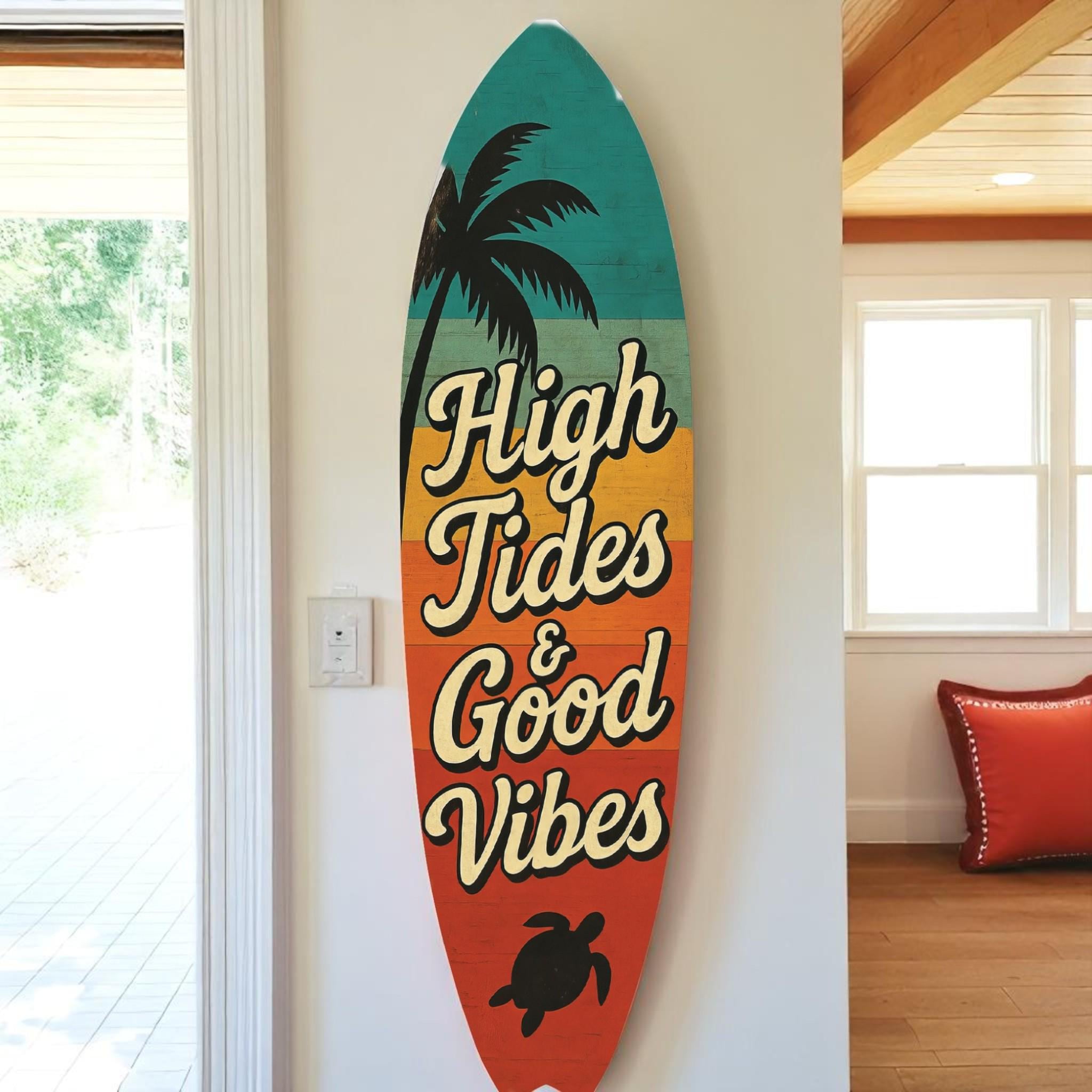 High Tides Good Vibes Surfboard Sign – Coastal Wall Decor with Sea Turtles, Palm Tree, Retro Beach House Art, Indoor Outdoor PVC, 3 - 5 Feet