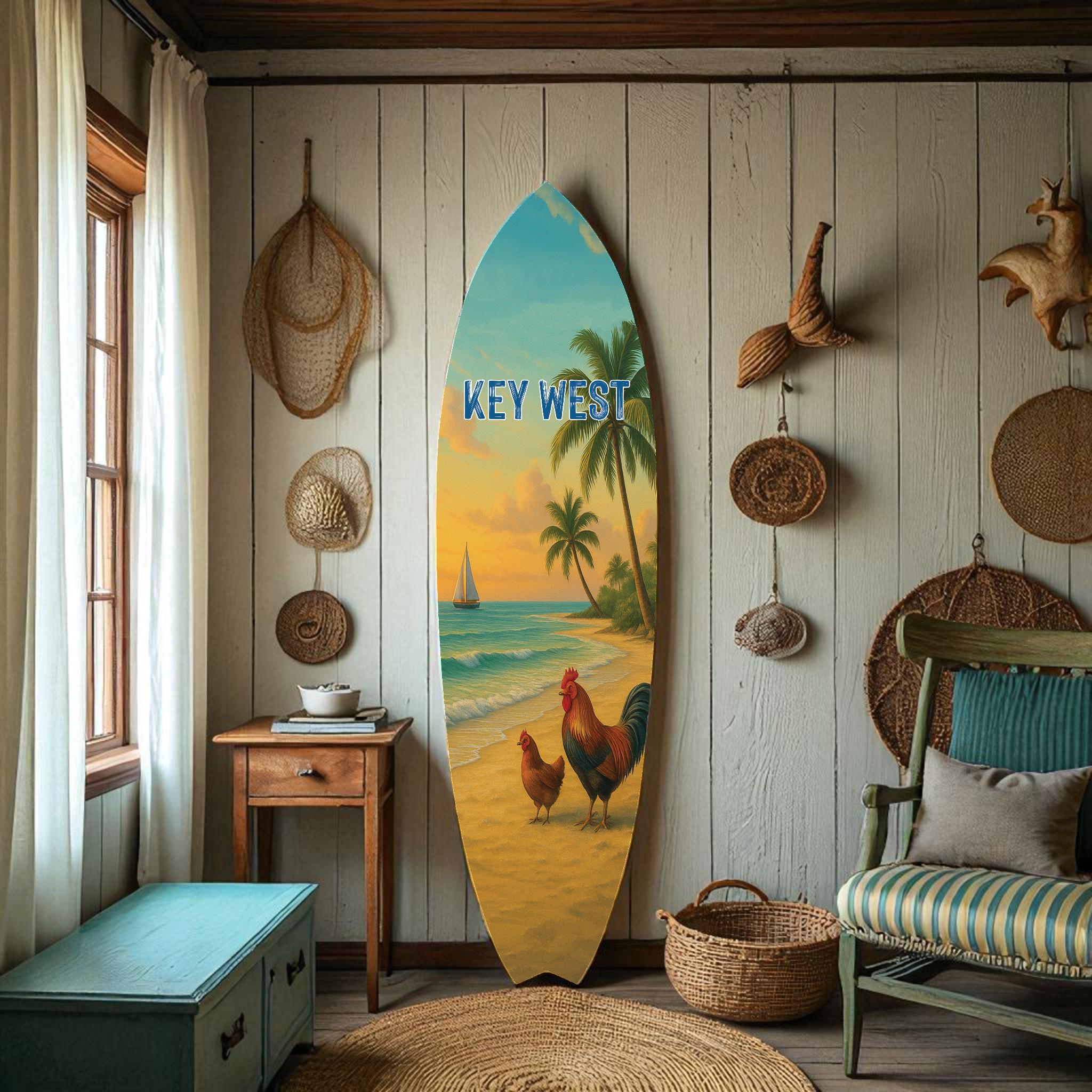 Key West Surfboard Wall Art – Chickens on the Beach Coastal Decor, Beach House Sign, Key West Gift, Outdoor Indoor PVC Surfboard, 3 - 5 Feet