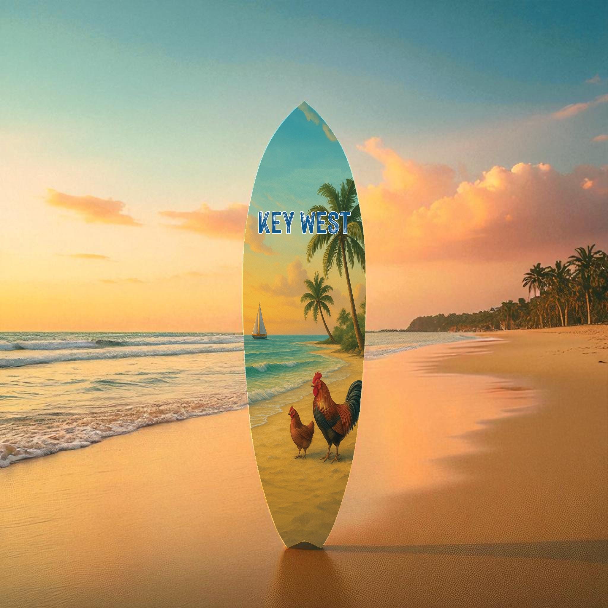 Key West Surfboard Wall Art – Chickens on the Beach Coastal Decor, Beach House Sign, Key West Gift, Outdoor Indoor PVC Surfboard, 3 - 5 Feet