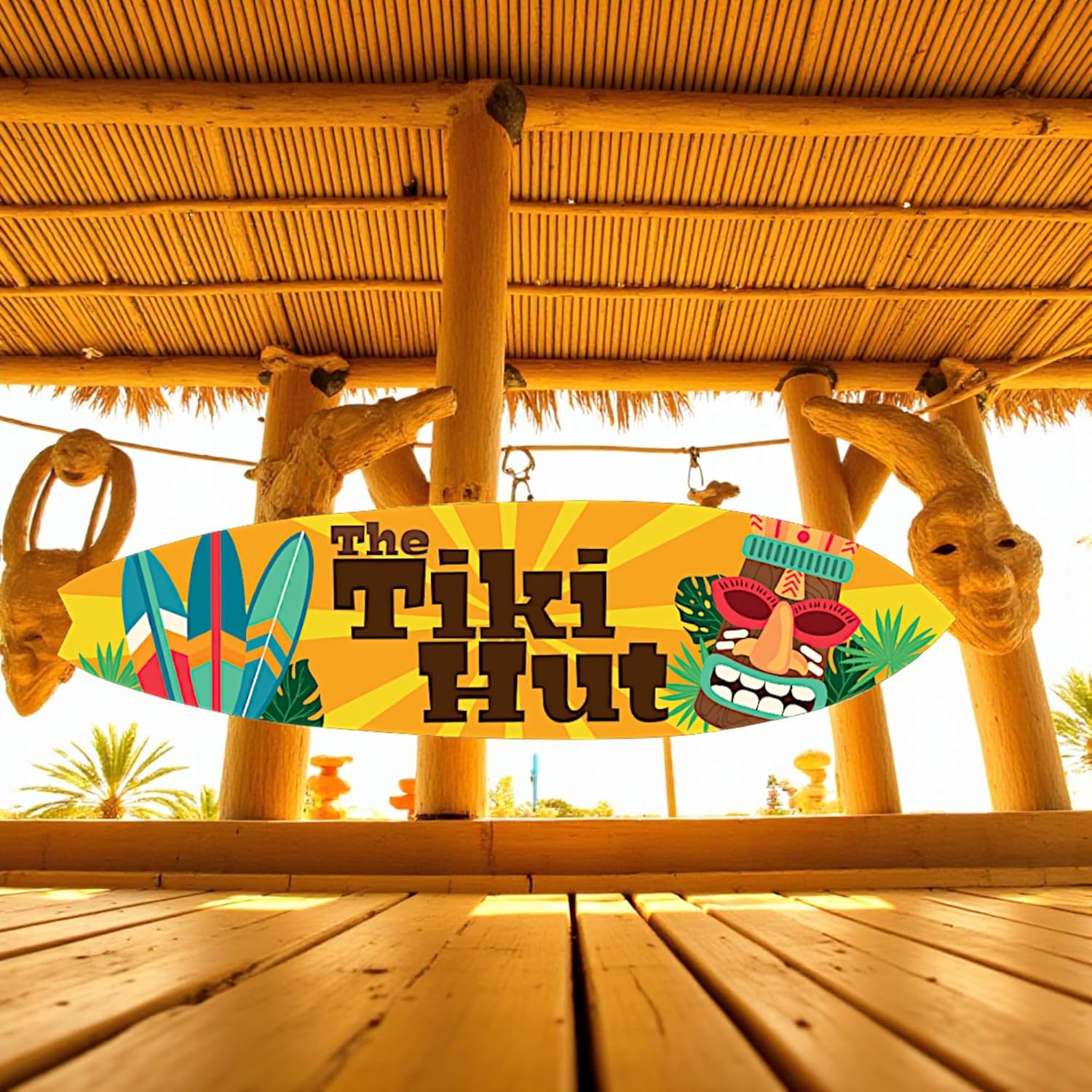 JennyGems The Tiki Hut Decorative Surfboard Sign, Indoor Outdoor Tropical Wall Art, Hawaiian Beach Theme