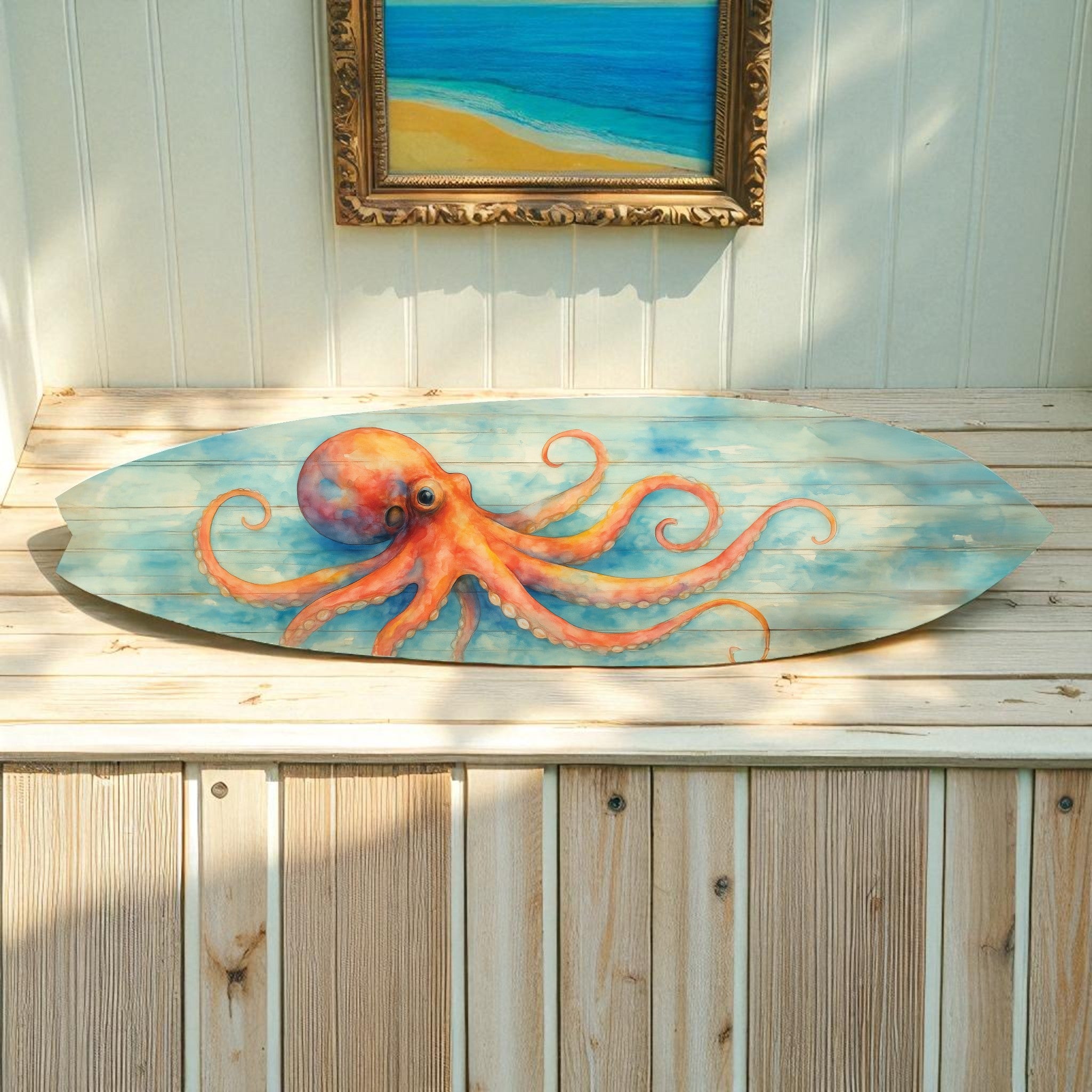 Octopus Surfboard Wall Art – Coastal Nautical Decor, PVC Outdoor Beach Sign, Ocean Lover Gift, Octopus Decoration