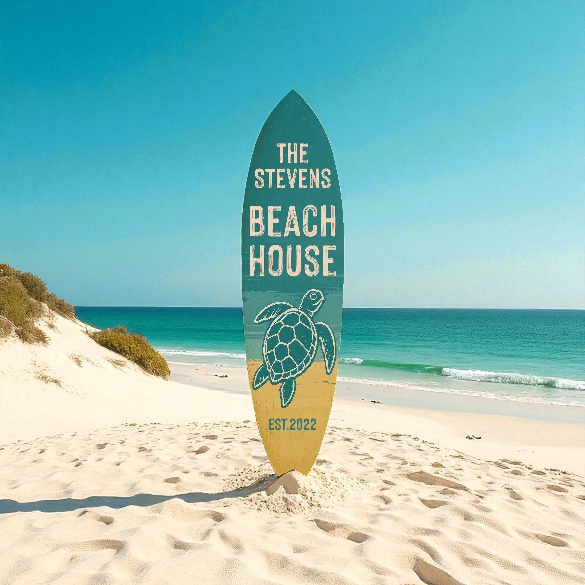 Custom Turtle Beach House Surfboard Sign – Personalized Nautical Wall Art, Coastal Home Decor, Sea Turtle Surf Board, Beach House Gift, 3 - 5 Feet