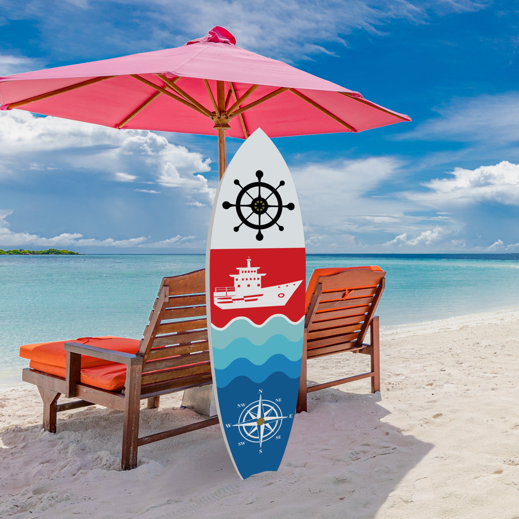 Outdoor Nautical Ship and Compass Surfboard Wall Art, PVC, Indoor and Outdoor, 3 - 5 Feet
