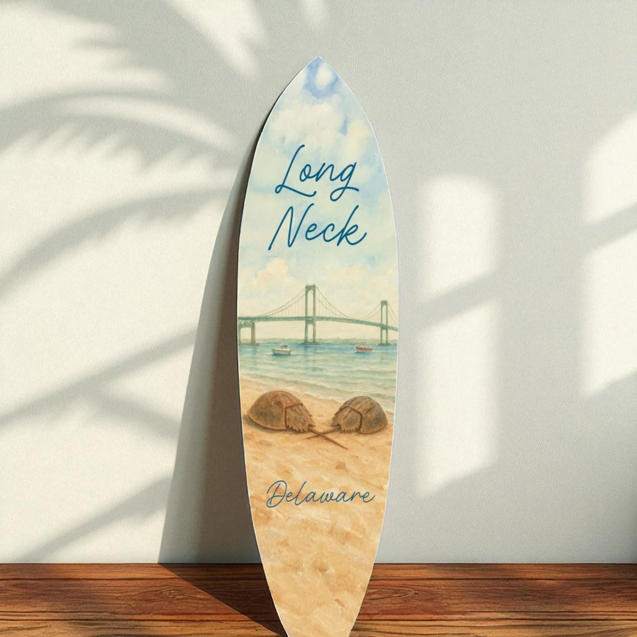 Long Neck Delaware Decorative Surfboard | Indoor Outdoor Coastal Wall Art, Nautical Beach House Decor, Horseshoe Crab Surfboard Sign
