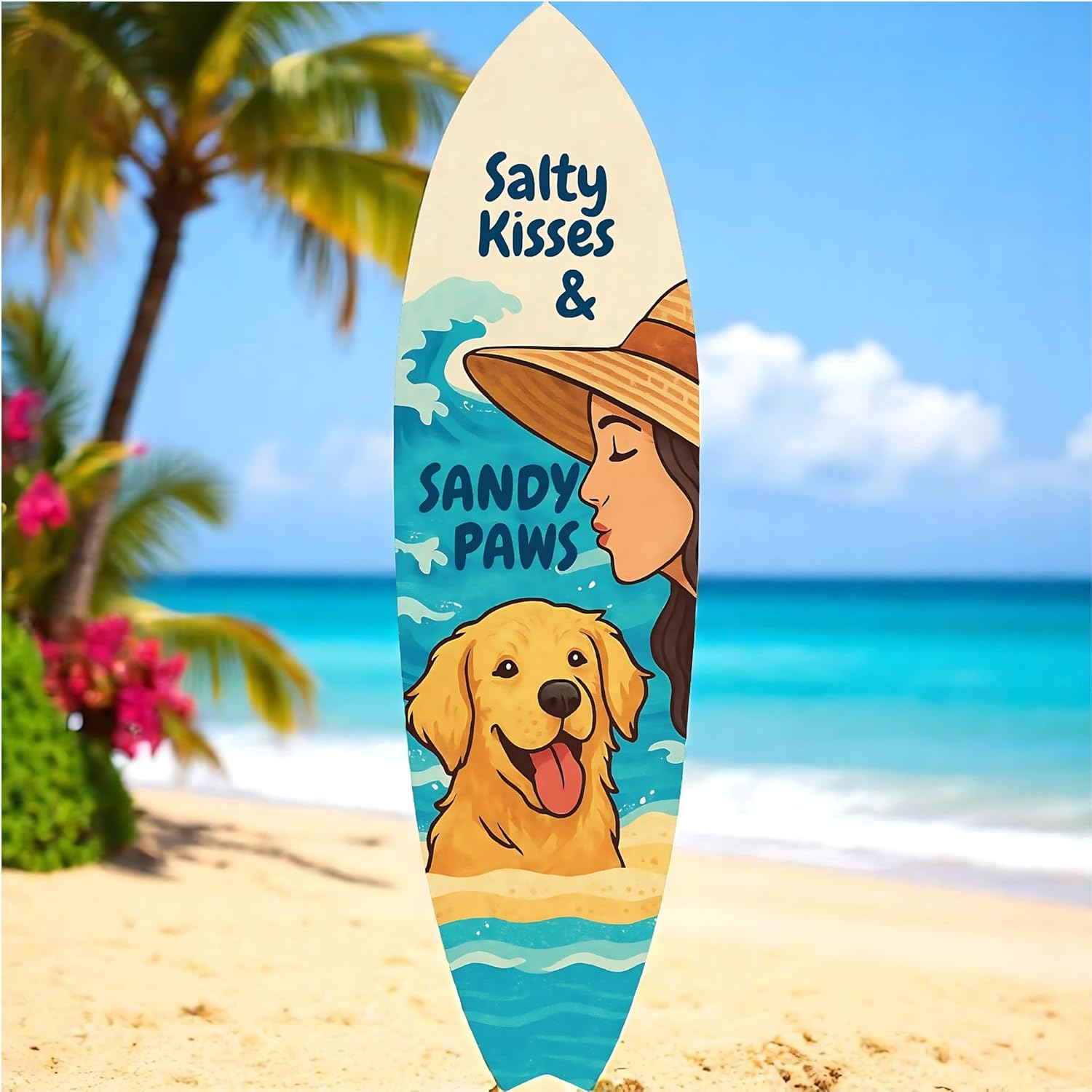 Outdoor Dog Surfboard Wall Decor – Coastal Pet Wall Art, PVC Beach House Decor for Dog Owners, Sandy Paws, 3 - 5 Feet