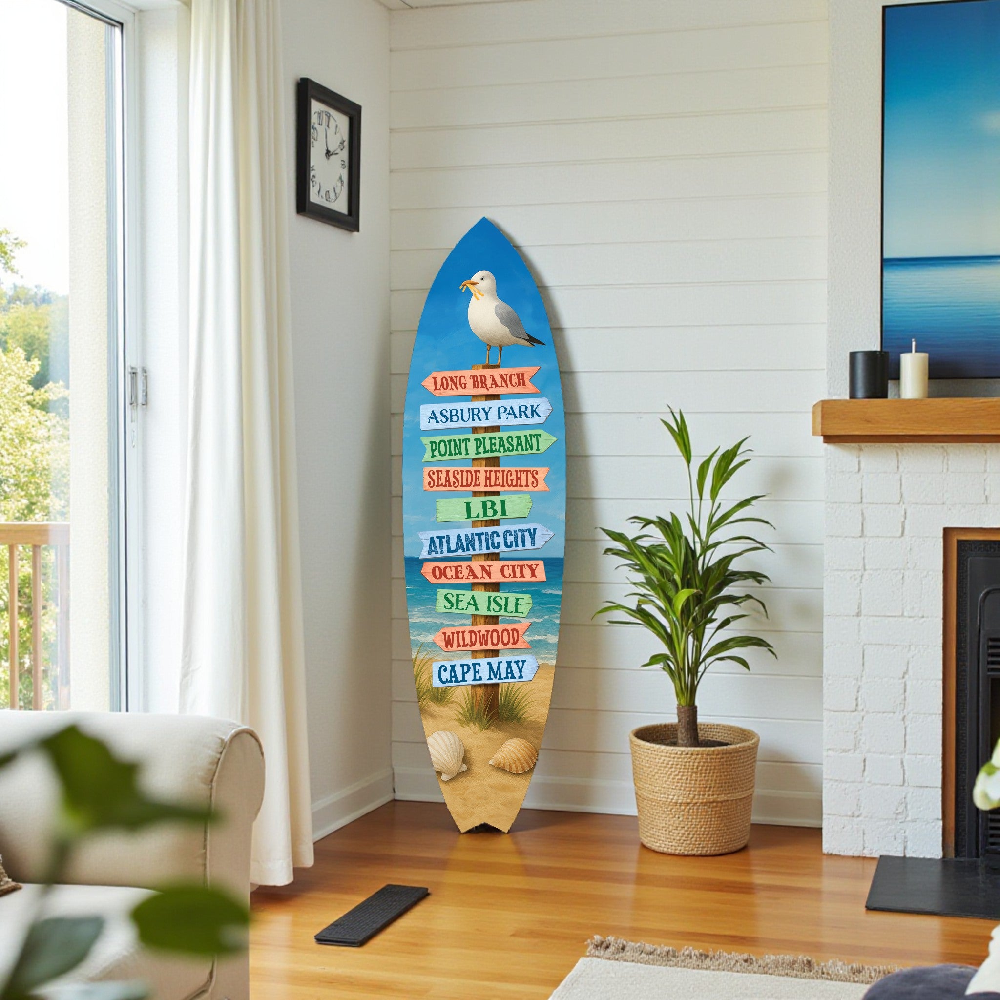 Jersey Shore Surfboard Wall Art – Coastal Beach House Decor New Jersey Towns, Weather-Resistant PVC Indoor Outdoor