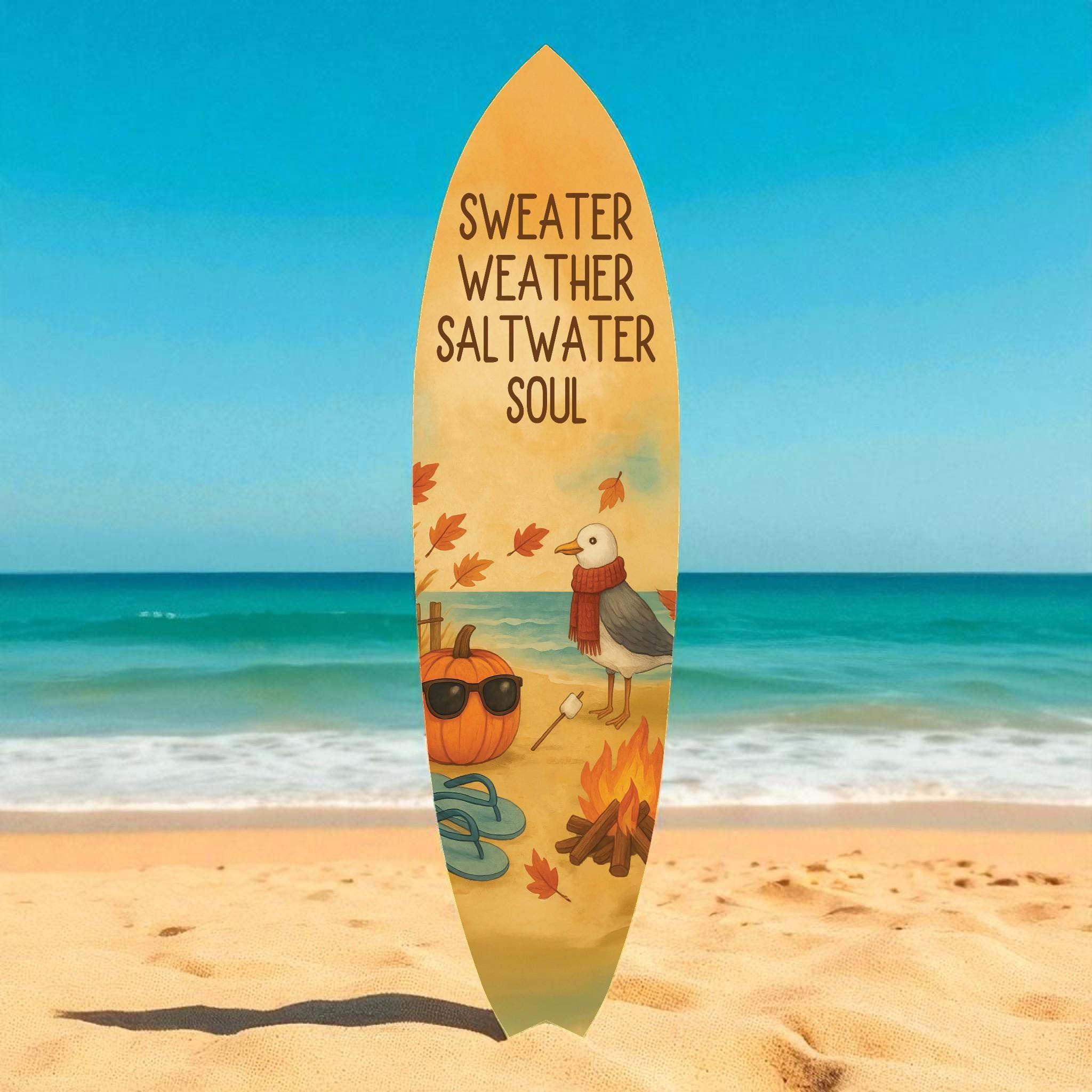 Fall Beach Decor Surfboard Sign – Sweater Weather Saltwater Soul – Autumn Coastal Wall Art for Porch or Patio – Indoor Outdoor PVC Sign, 3 - 5 Feet