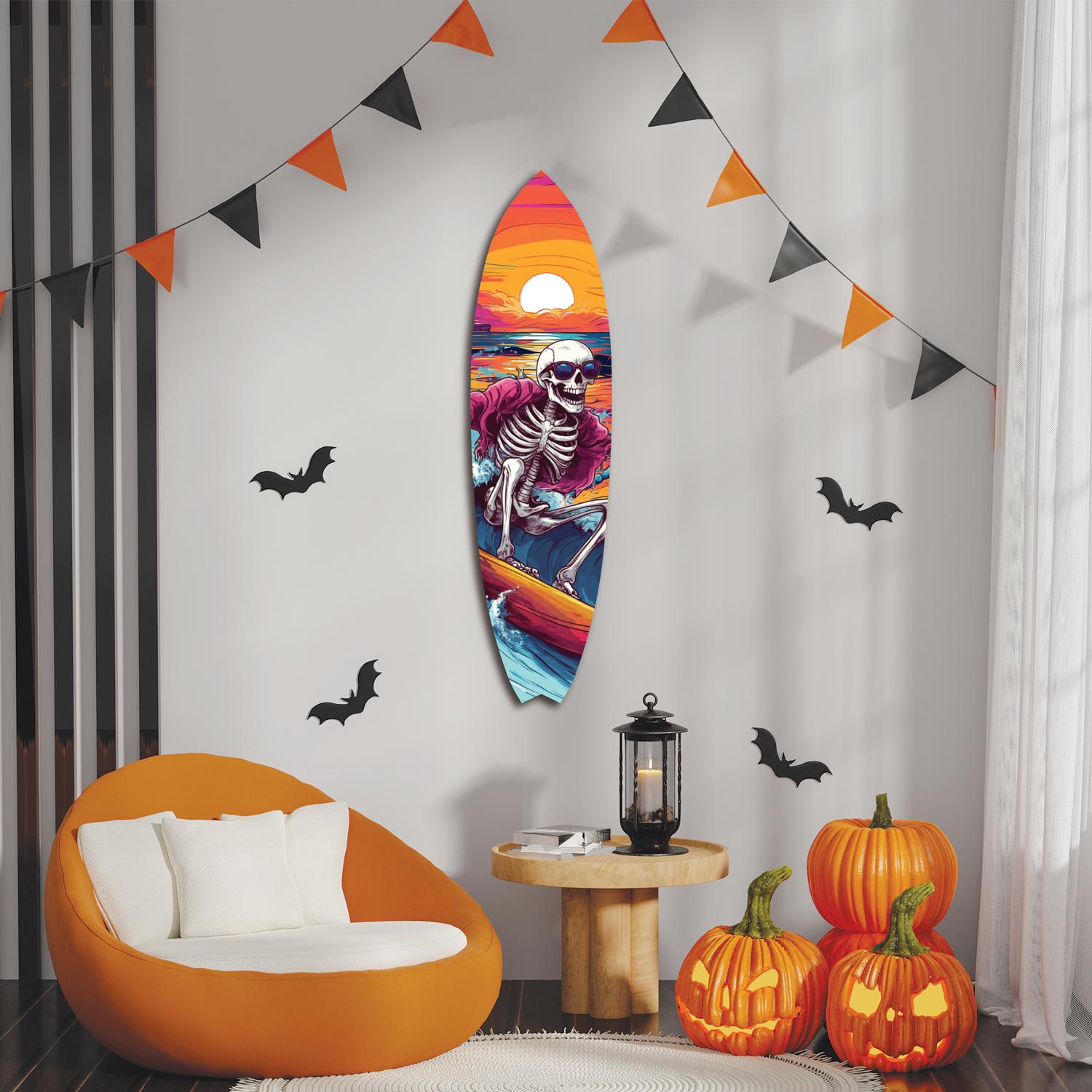Halloween Surfboard Skeleton Wall Art – Spooky Surfing Sunset PVC Sign – Coastal Halloween Decor for Porch, Patio, or Beach House, 2 - 5 FT