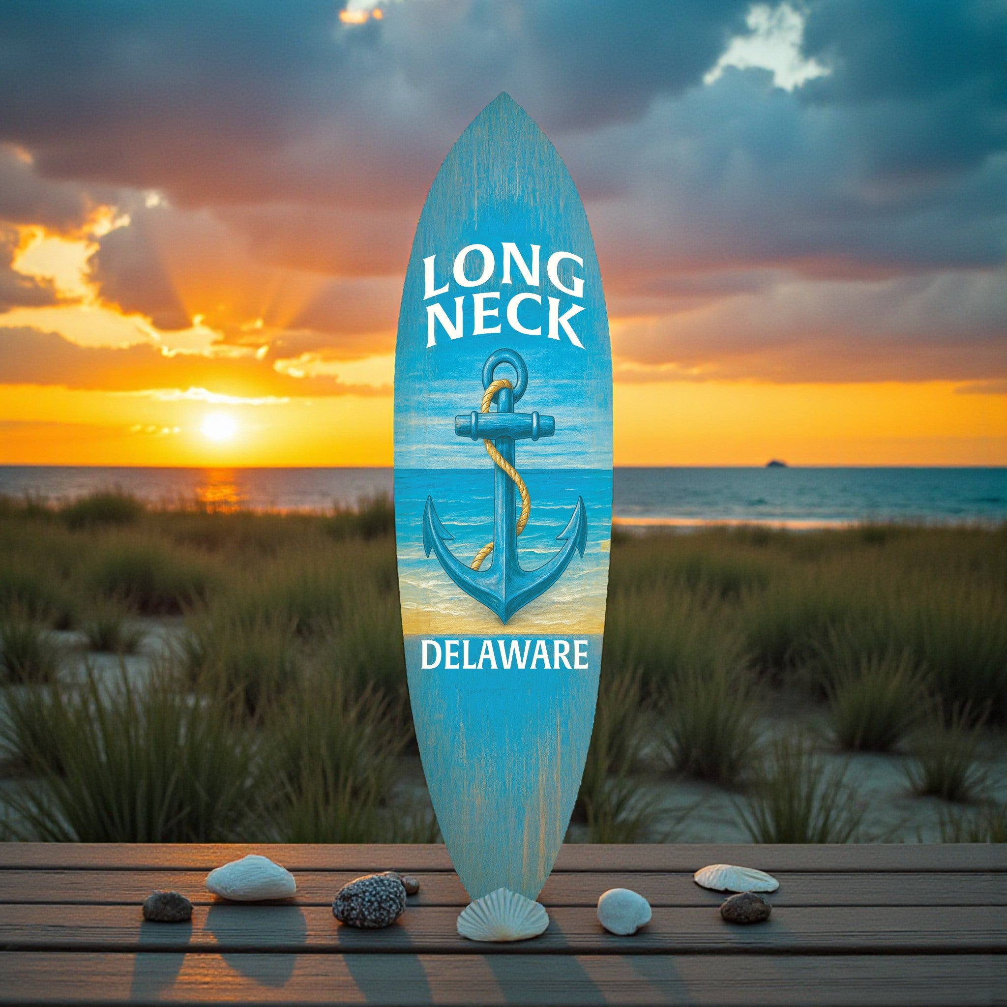 Long Neck Delaware Surfboard Wall Art - Coastal Beach House Decor, Weather-Resistant PVC Indoor Outdoor