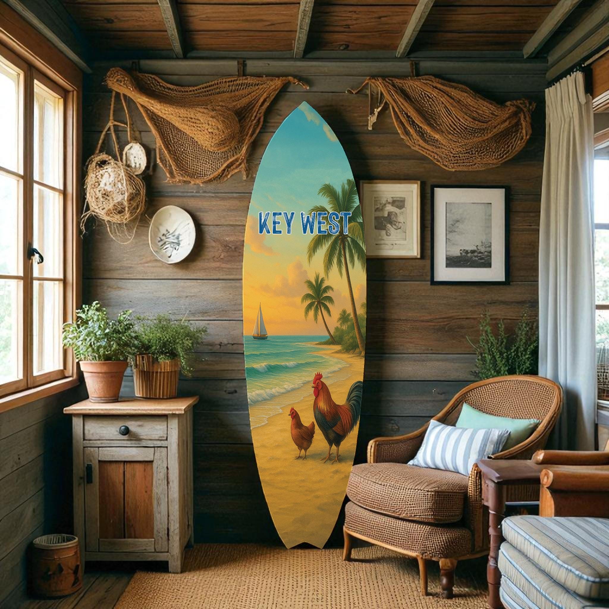 Key West Surfboard Wall Art – Chickens on the Beach Coastal Decor, Beach House Sign, Key West Gift, Outdoor Indoor PVC Surfboard, 3 - 5 Feet