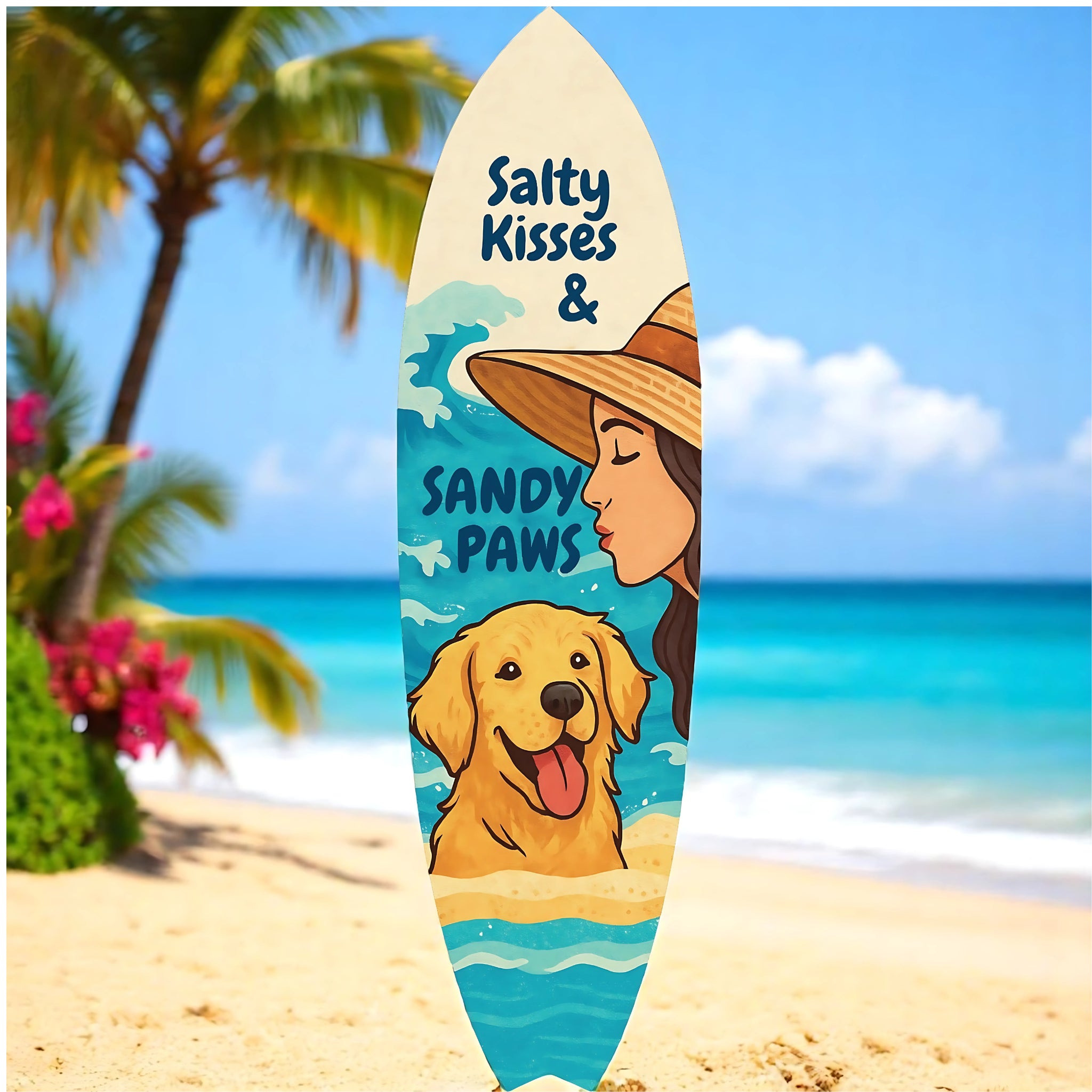 Outdoor Dog Surfboard Wall Decor – Coastal Pet Wall Art, PVC Beach House Decor for Dog Owners, Sandy Paws, 3 - 5 Feet