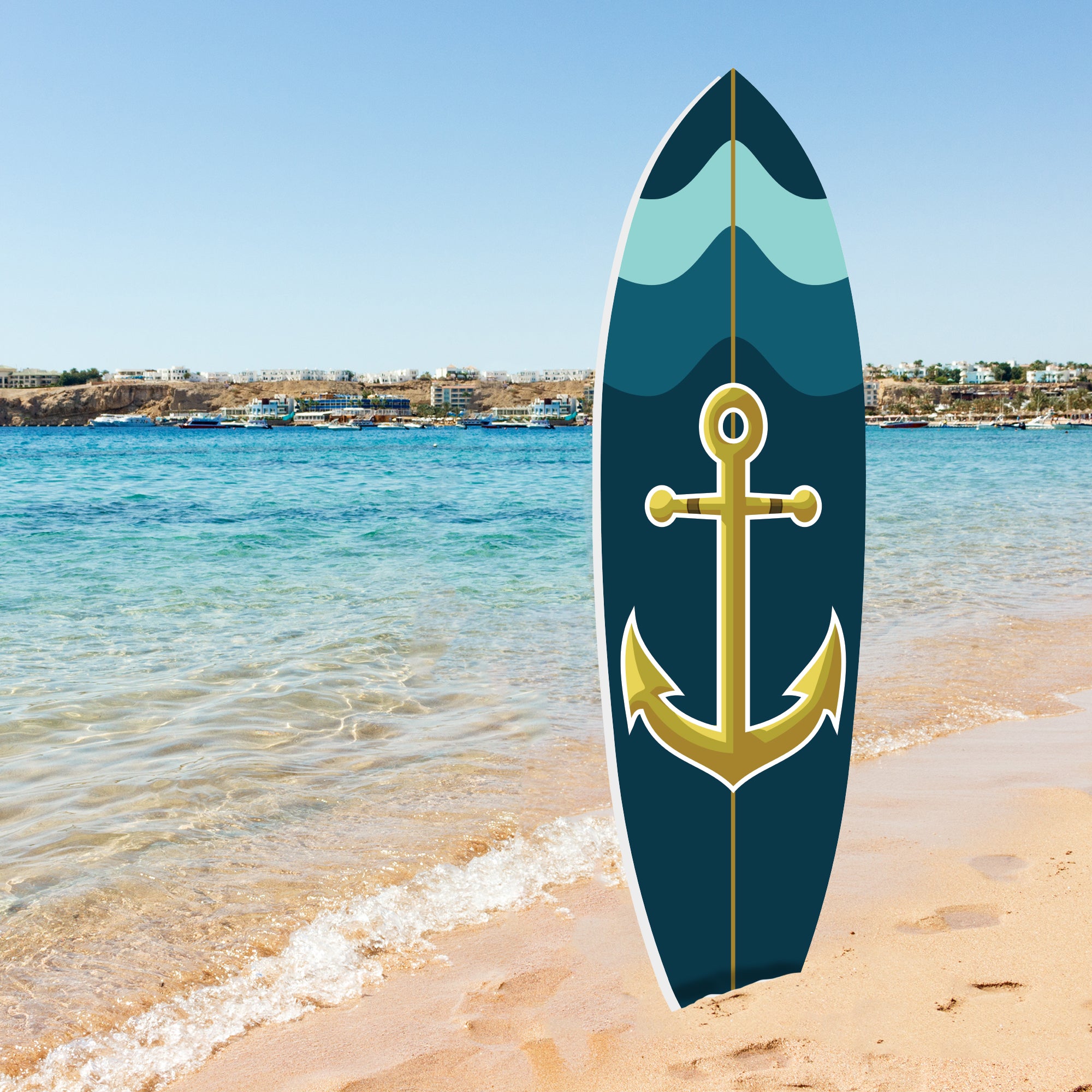 Outdoor Nautical Anchor Surfboard Wall Art, Navy Blue and Teal, Indoor Outdoor, Weather Resistant PVC, 3 -5 Feet