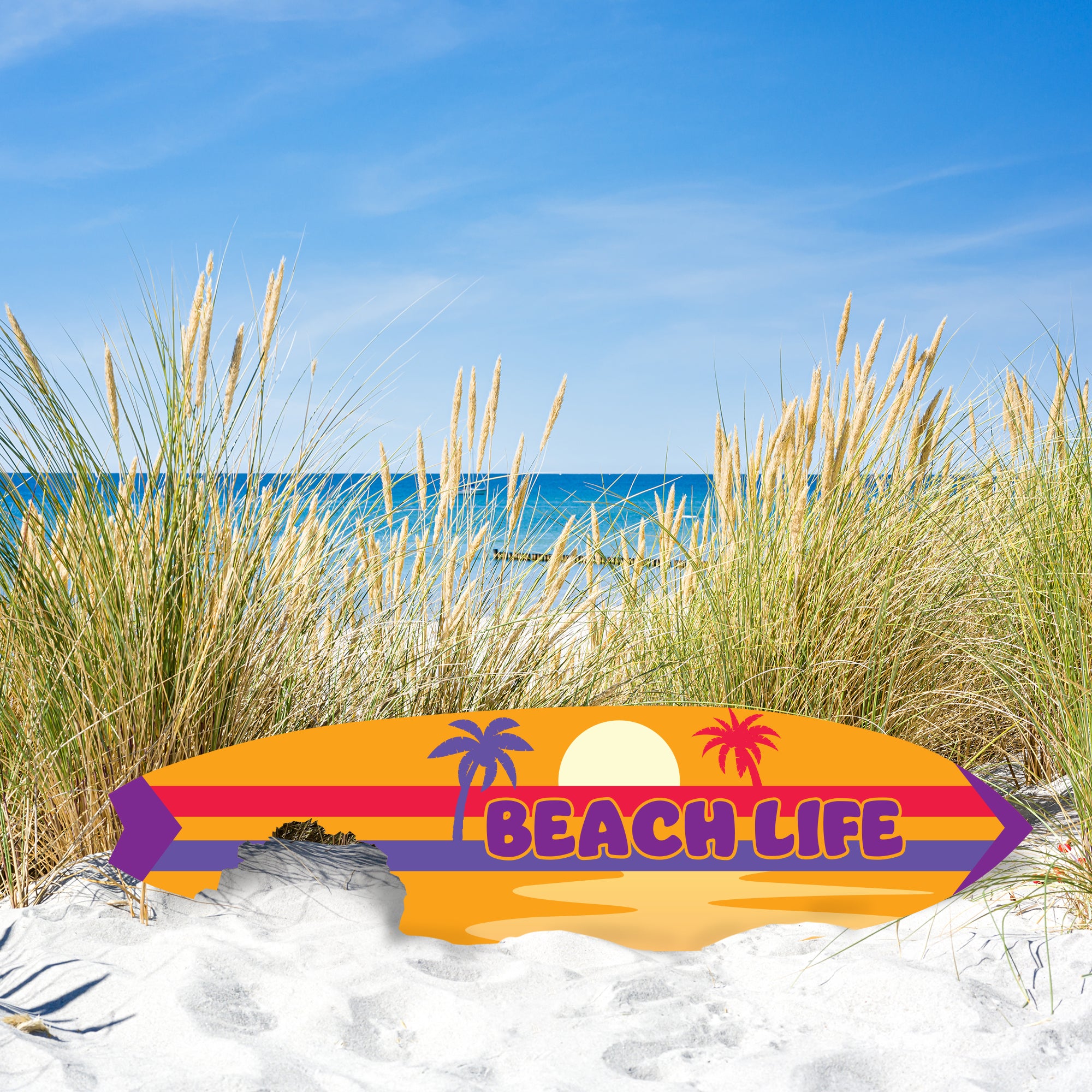 Outdoor Surfboard Wall Art with Shark Bite, Beach Life, Coastal Decor, Surfboard Sign Tropical Style, Weather Resistant PVC, 3 - 5 Feet