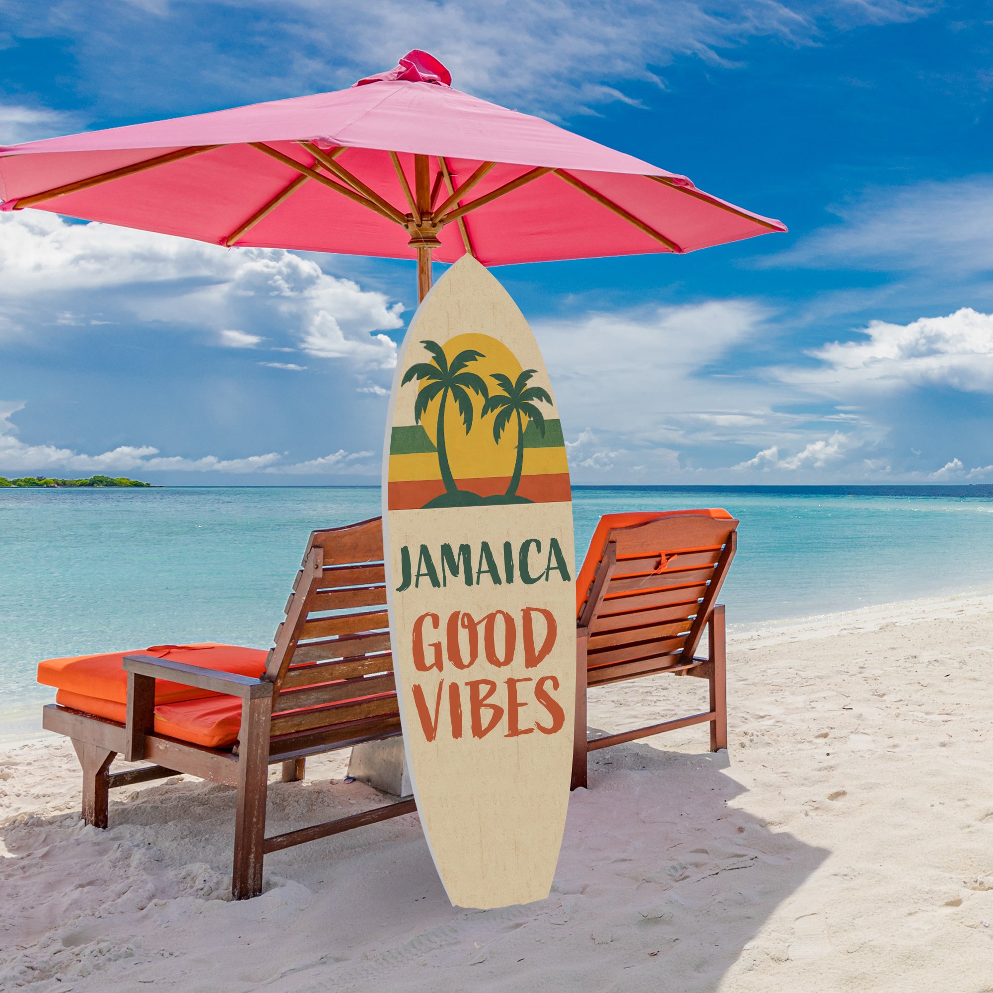 Outdoor Surfboard Wall Art Jamaica Good Vibes Sign with Sunset and Palm Trees, Beach House Tropical Coastal Decor Weatherproof PVC, 3 - 5 Feet