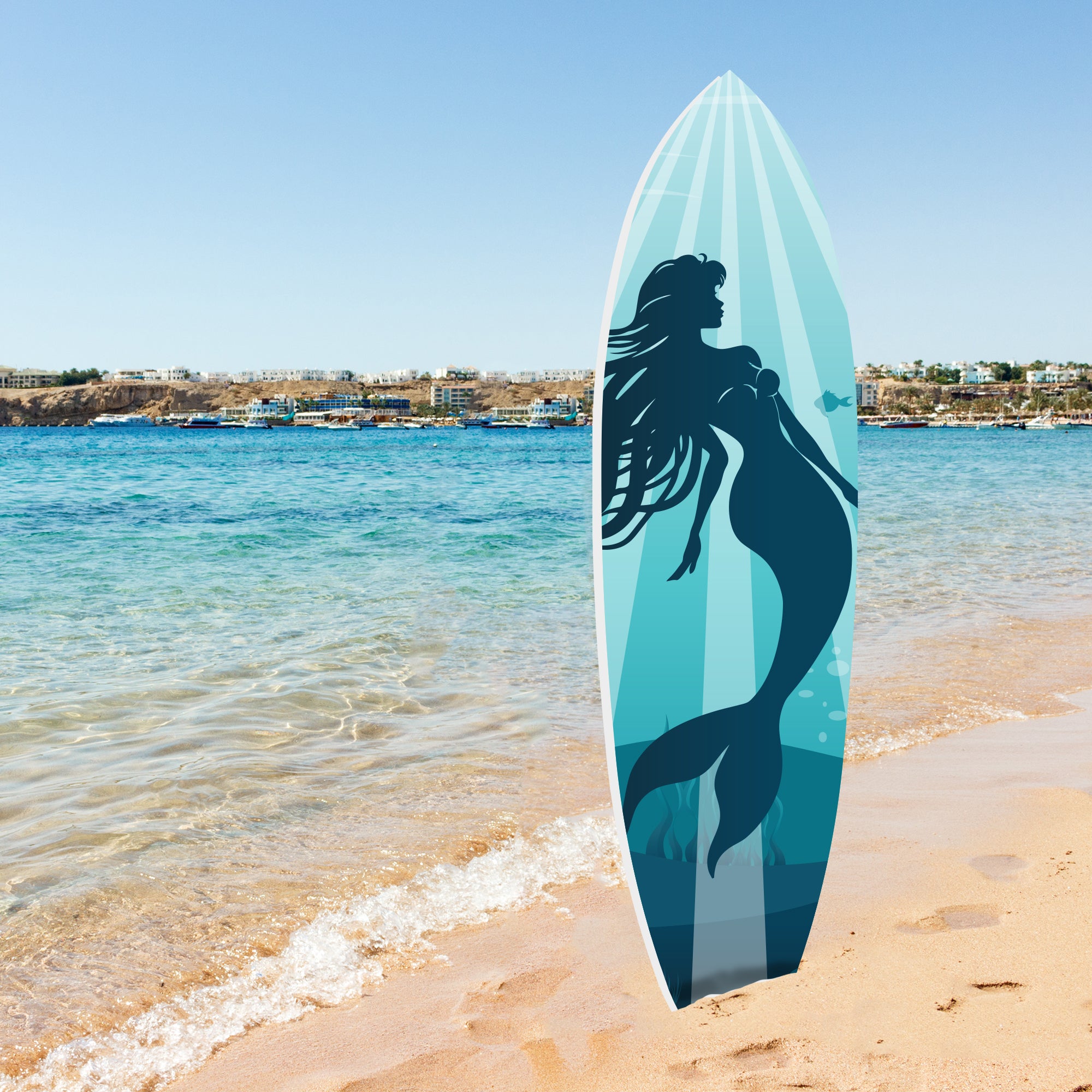 Outdoor Mermaid Surfboard Sign – Weatherproof PVC, Coastal Mermaid Decor for Beach House or Pool Area, Nautical Decoration, 3 - 5 Feet