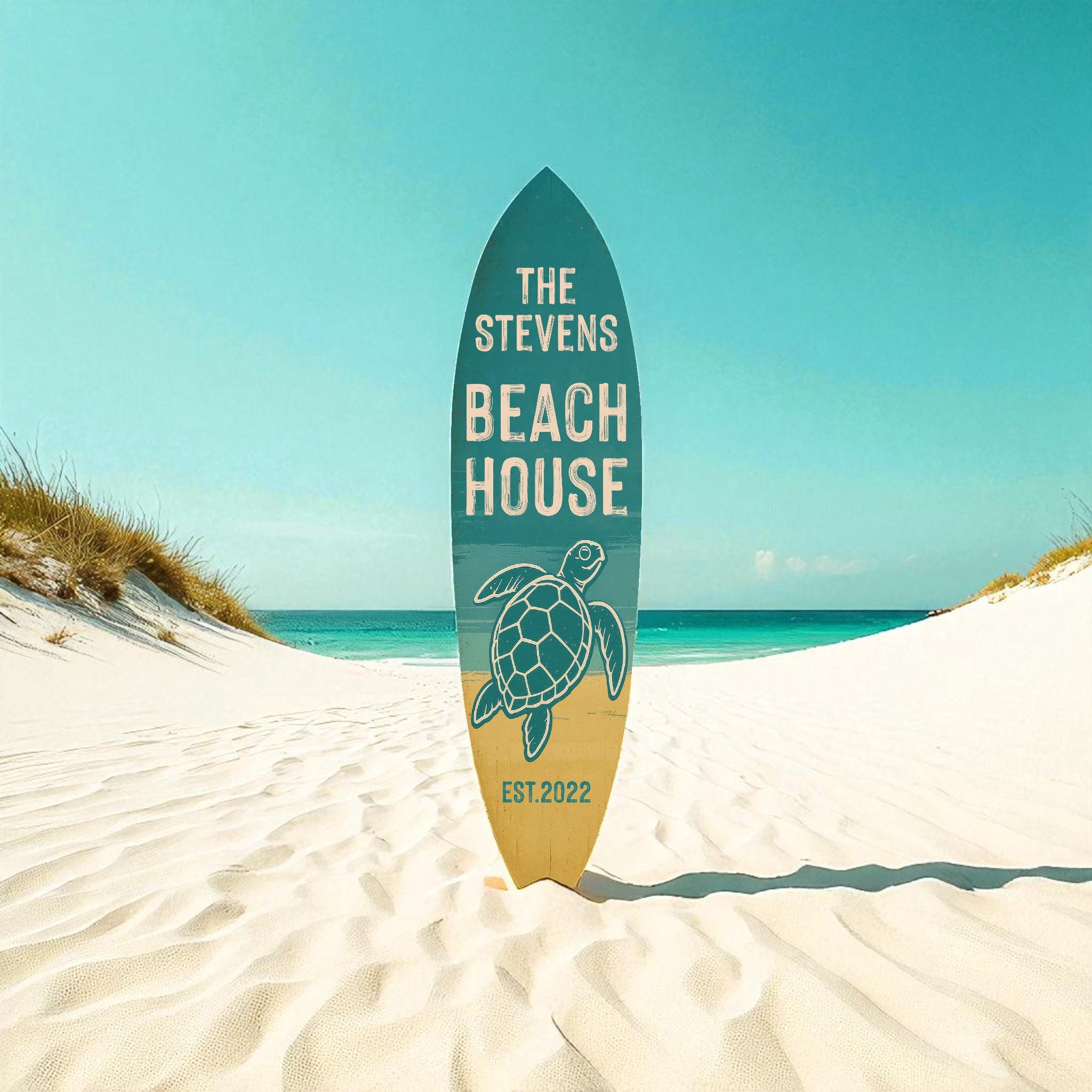 Custom Turtle Beach House Surfboard Sign – Personalized Nautical Wall Art, Coastal Home Decor, Sea Turtle Surf Board, Beach House Gift, 3 - 5 Feet