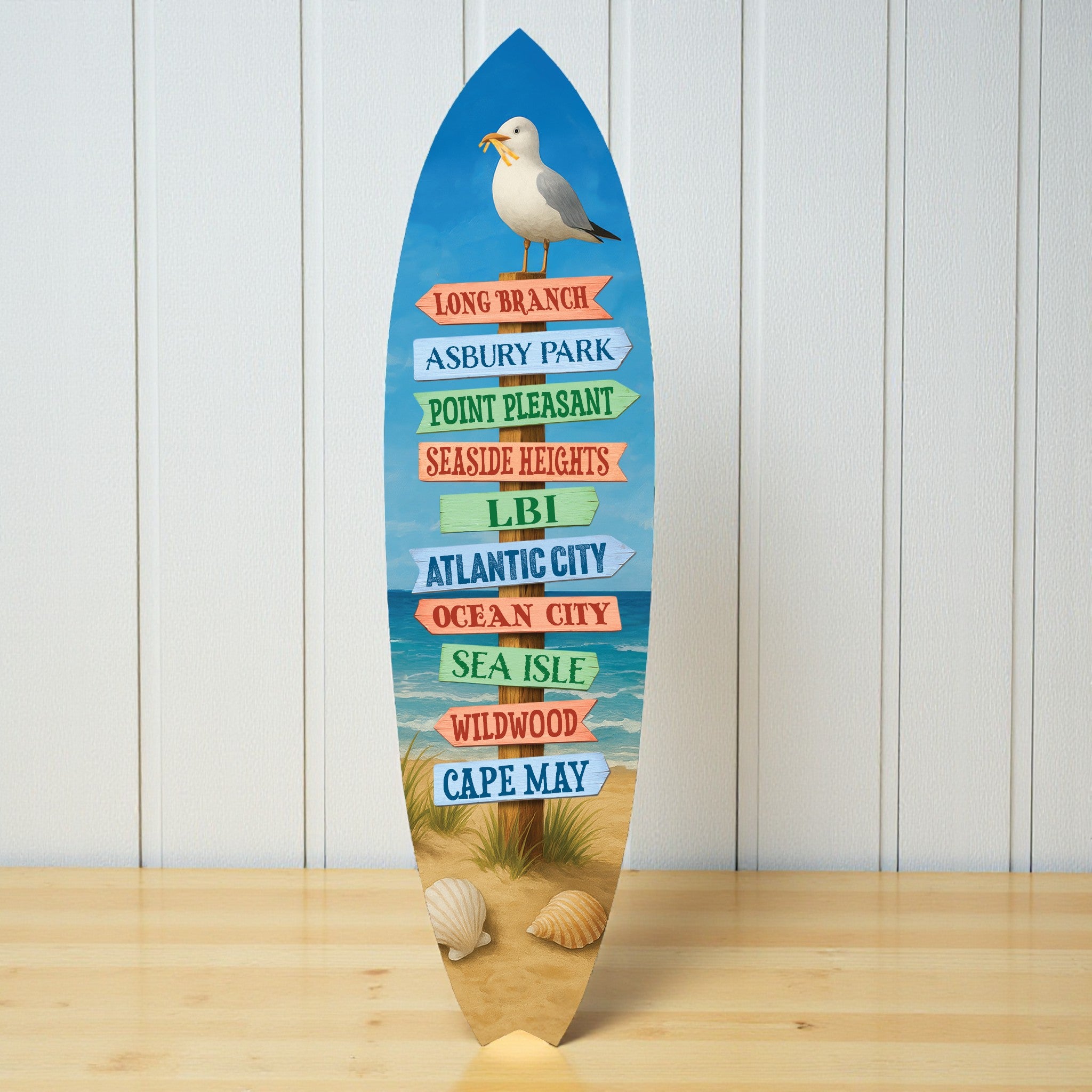 Jersey Shore Surfboard Wall Art – Coastal Beach House Decor New Jersey Towns, Weather-Resistant PVC Indoor Outdoor