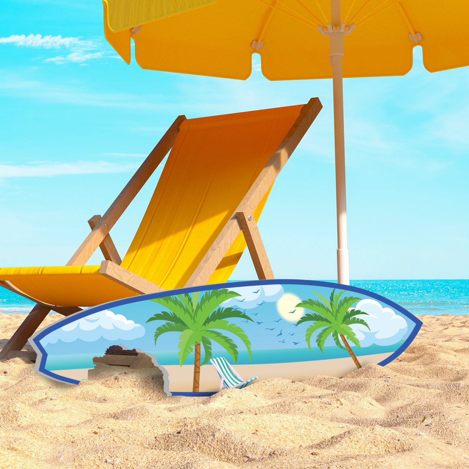 Outdoor Surfboard Wall Art, Beach Decor, Surfboard Sign with Shark Bite, Palm Trees and Beach-Themed, Weather Resistant PVC, 3 - 5 Feet