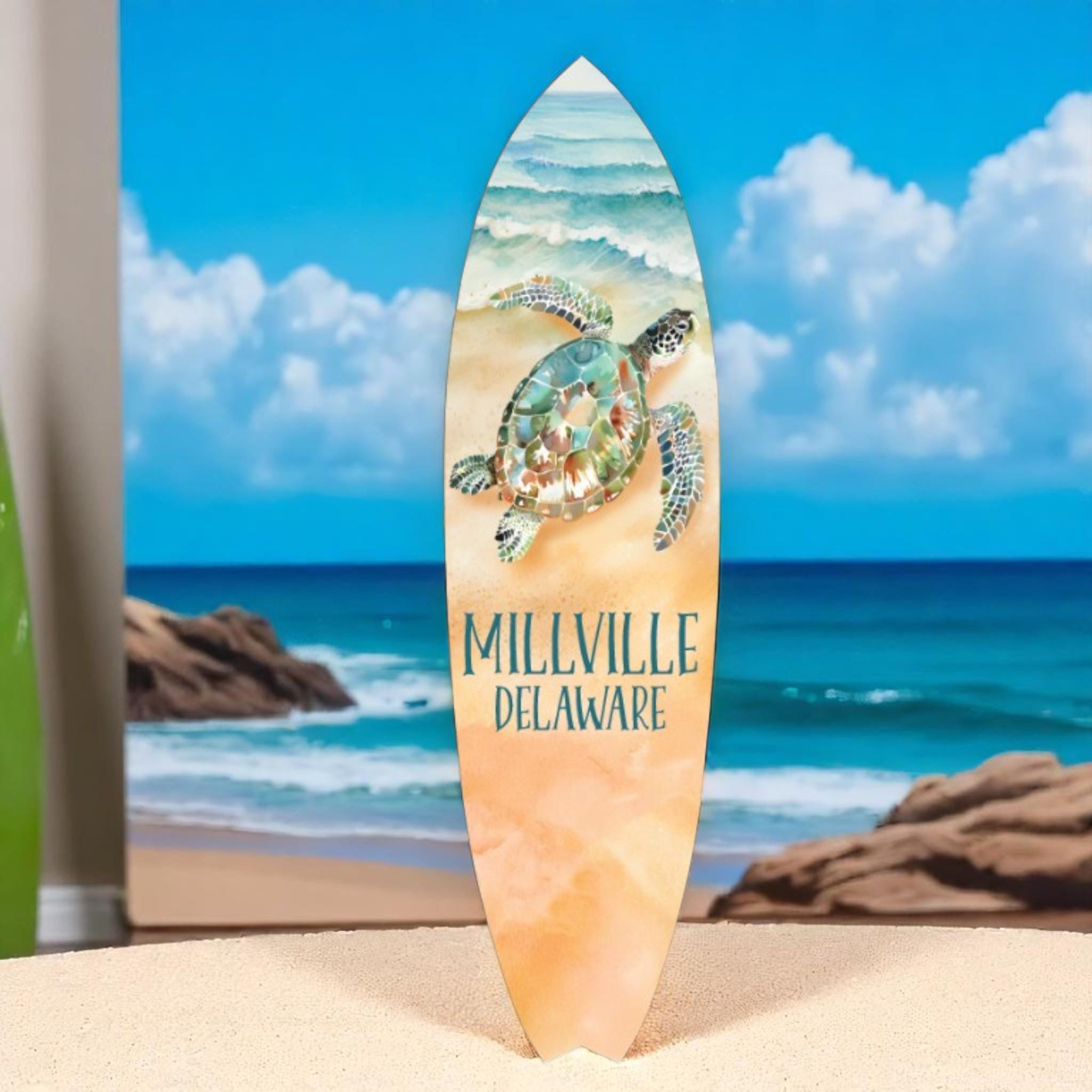 Millville Delaware Surfboard Wall Art – Nautical Beach House Decor, Outdoor Coastal Sign, Weatherproof PVC Surfboard for Porch or Patio