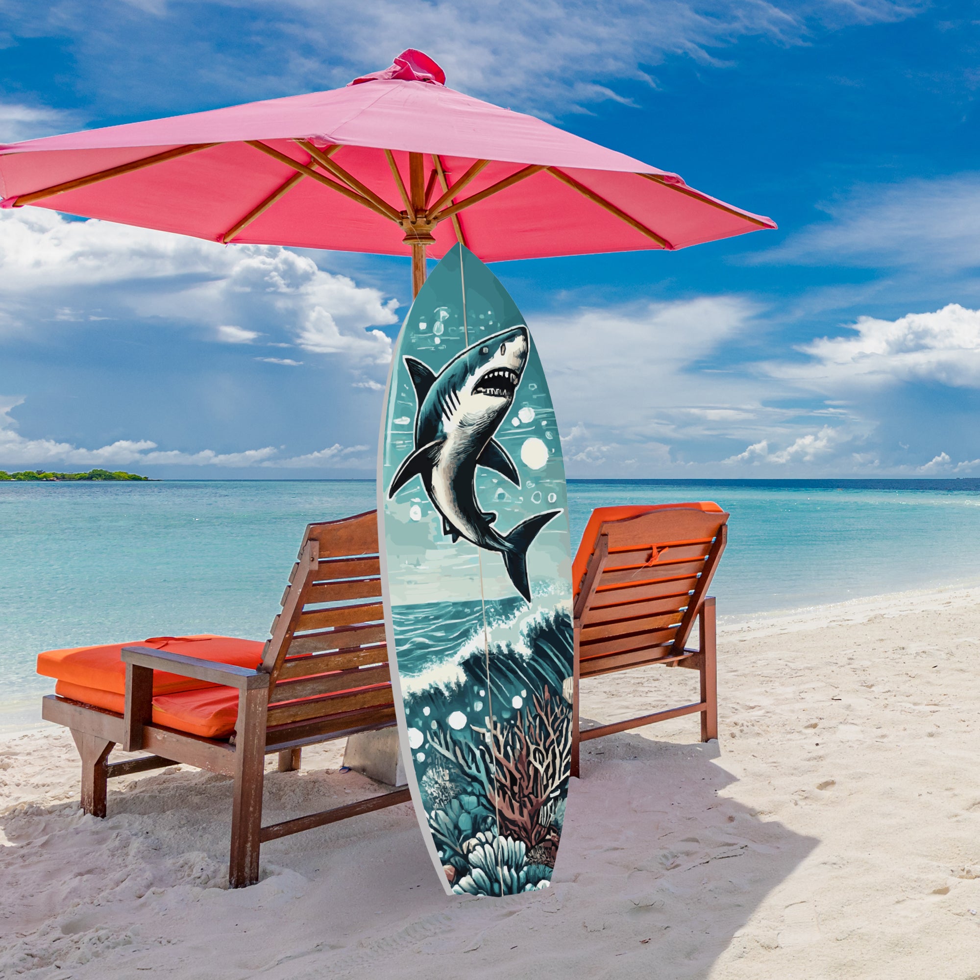 Outdoor Shark Surfboard Wall Art, Ocean Themed Shark Decor, Weather Resistant PVC Indoor Outdoor Decorative Beach House Decor, 3 - 5 Feet
