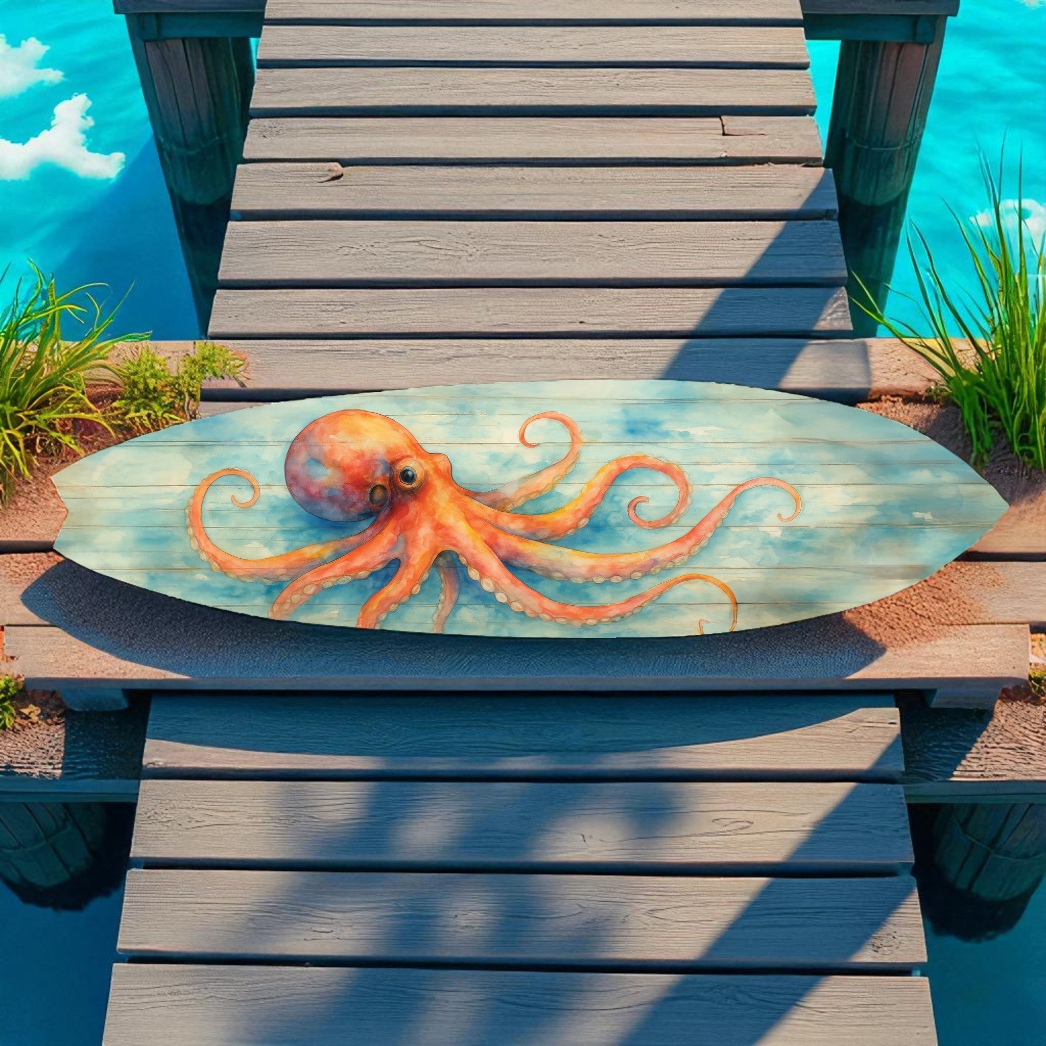 Octopus Surfboard Wall Art – Coastal Nautical Decor, PVC Outdoor Beach Sign, Ocean Lover Gift, Octopus Decoration