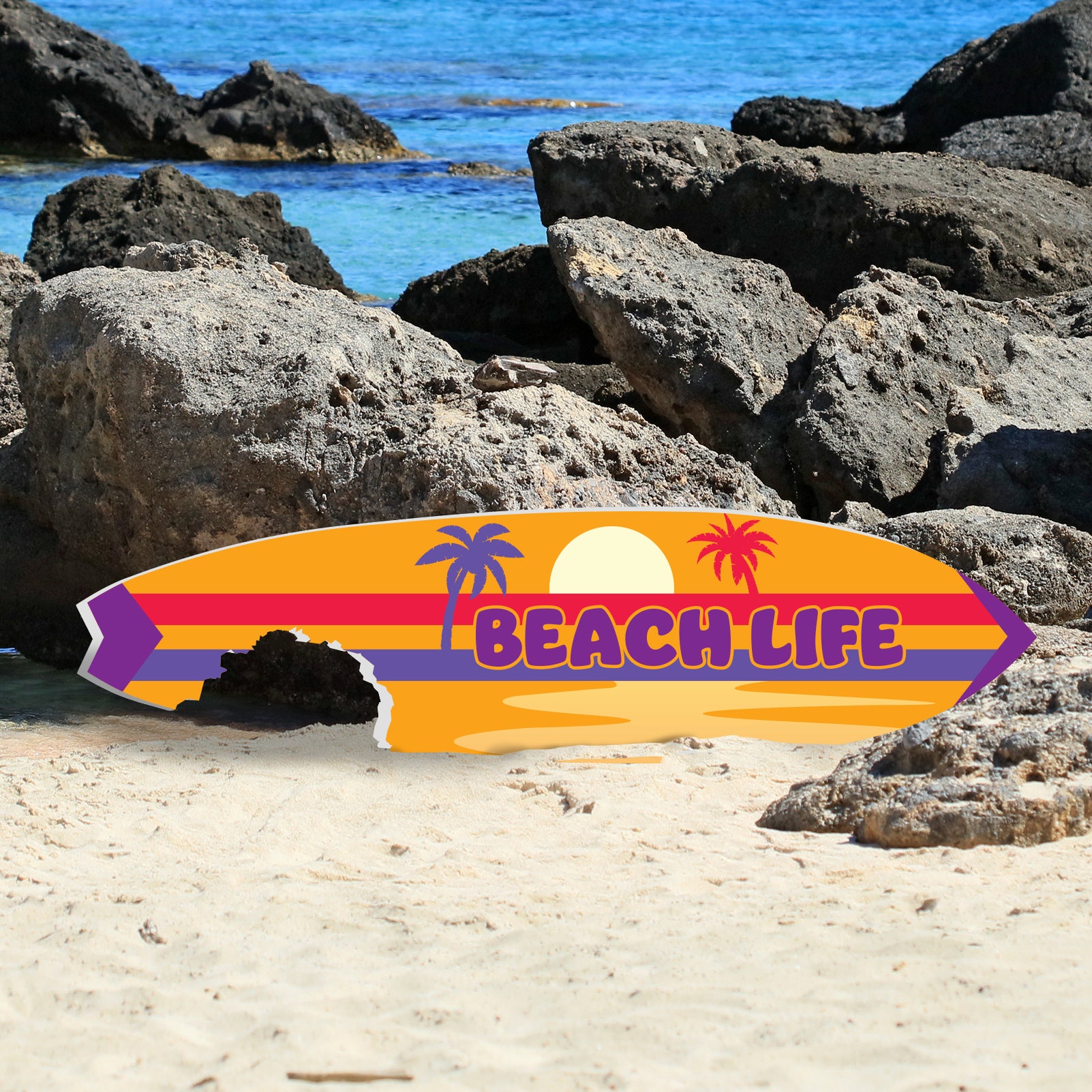 Outdoor Surfboard Wall Art with Shark Bite, Beach Life, Coastal Decor, Surfboard Sign Tropical Style, Weather Resistant PVC, 3 - 5 Feet