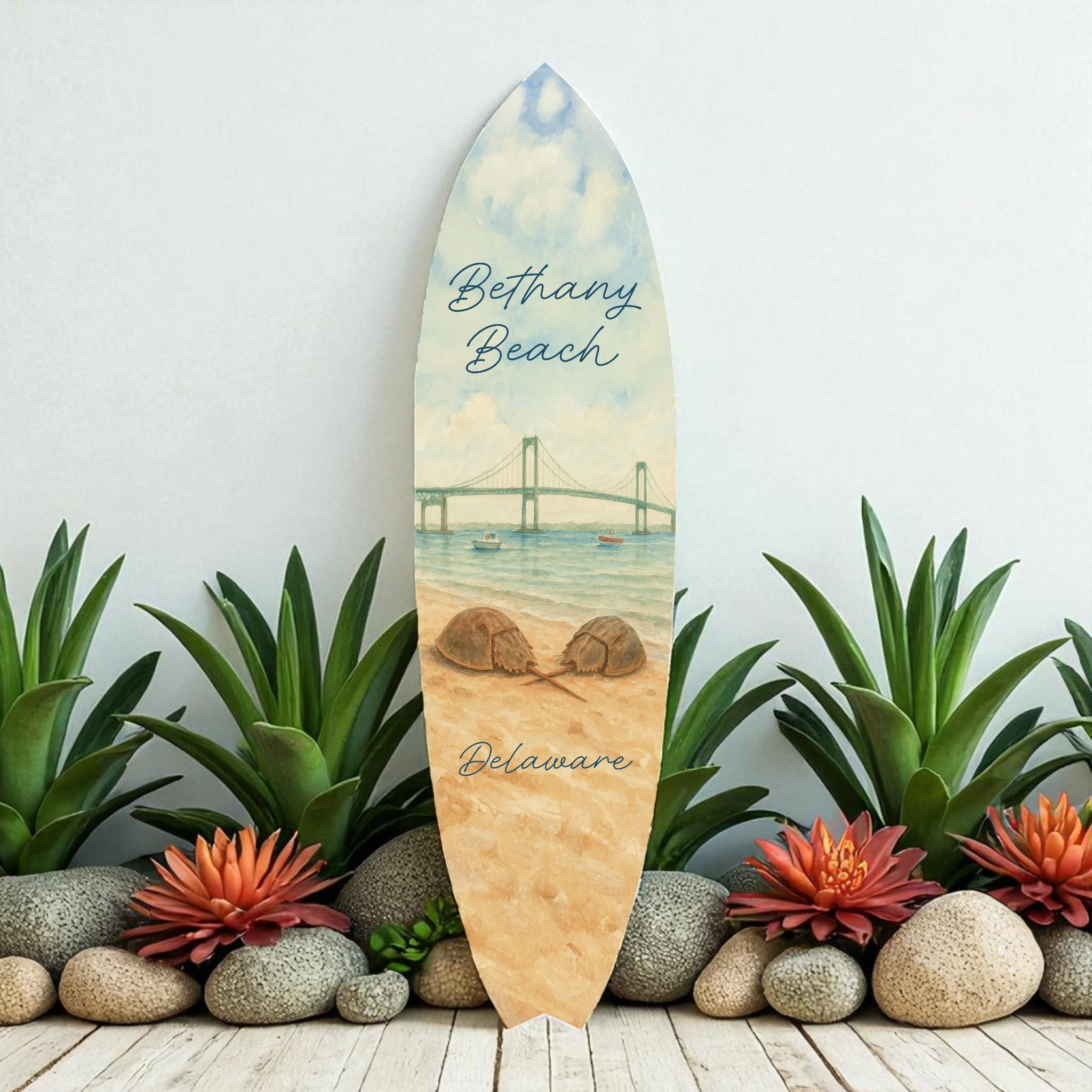 Bethany Beach PVC Surfboard Wall Art | 2–5 Ft Sizes | Outdoor Safe Coastal Decor | Indian River Bridge Background