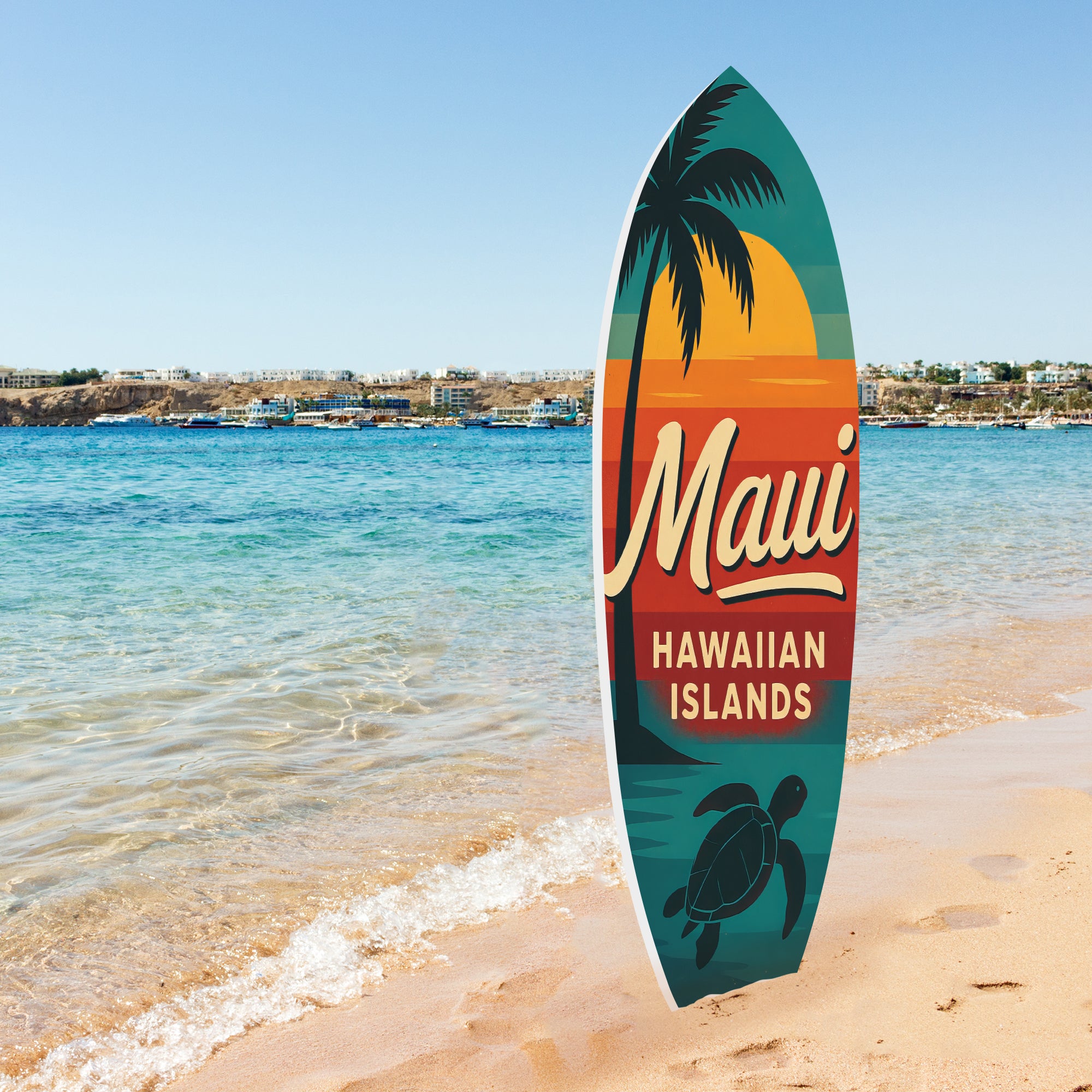 Outdoor Surfboard Wall Art - Maui Hawaiian Islands Sign, Palm Tree Sea Turtle, Coastal Beach House Decor Weatherproof PVC, 3 - 5 Feet