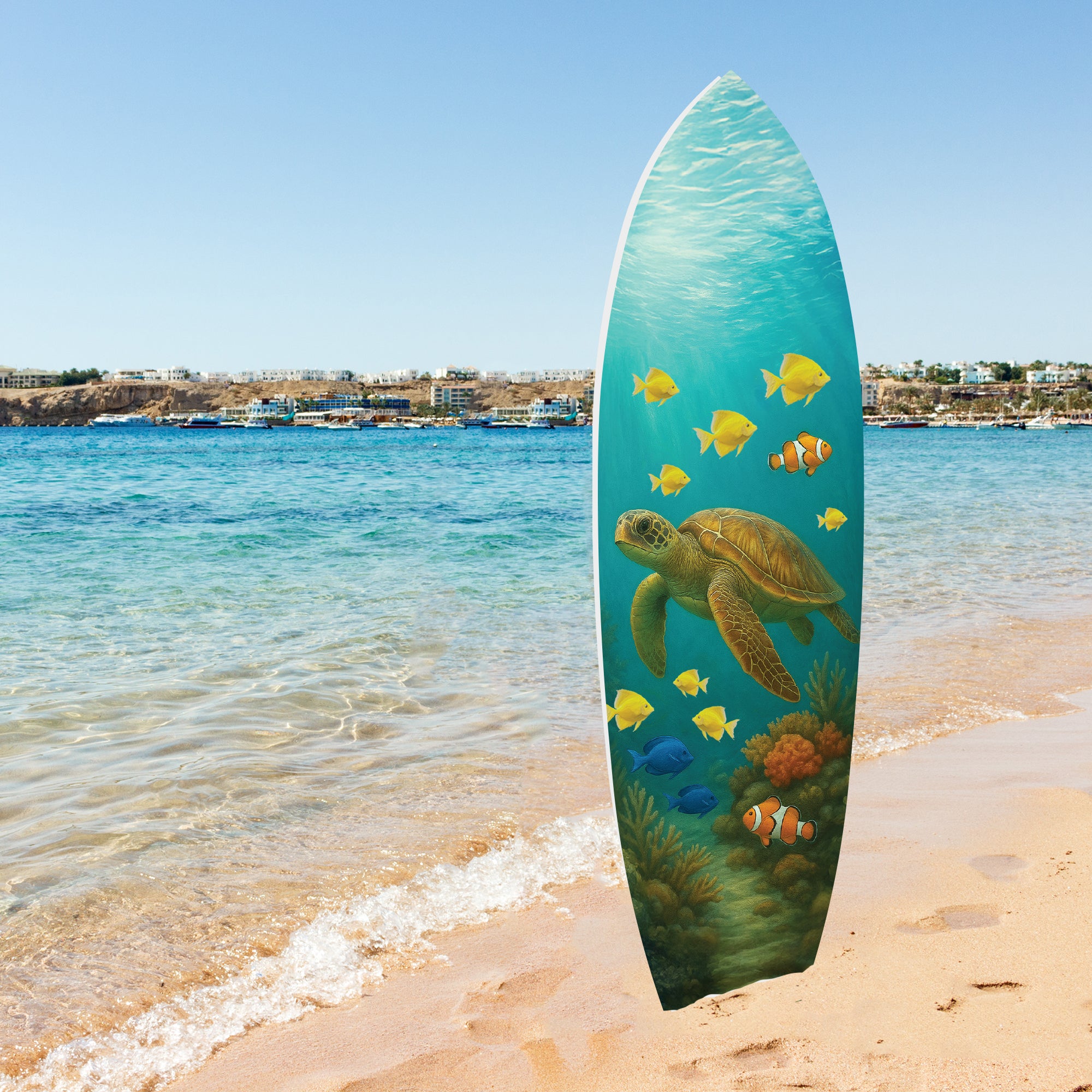 Outdoor Decorative Surfboard Wall Art - Sea Turtle Decor Surfboard Sign, Ocean-Themed, Beach House Sign, Weather Resistant PVC, 3 -5 Feet