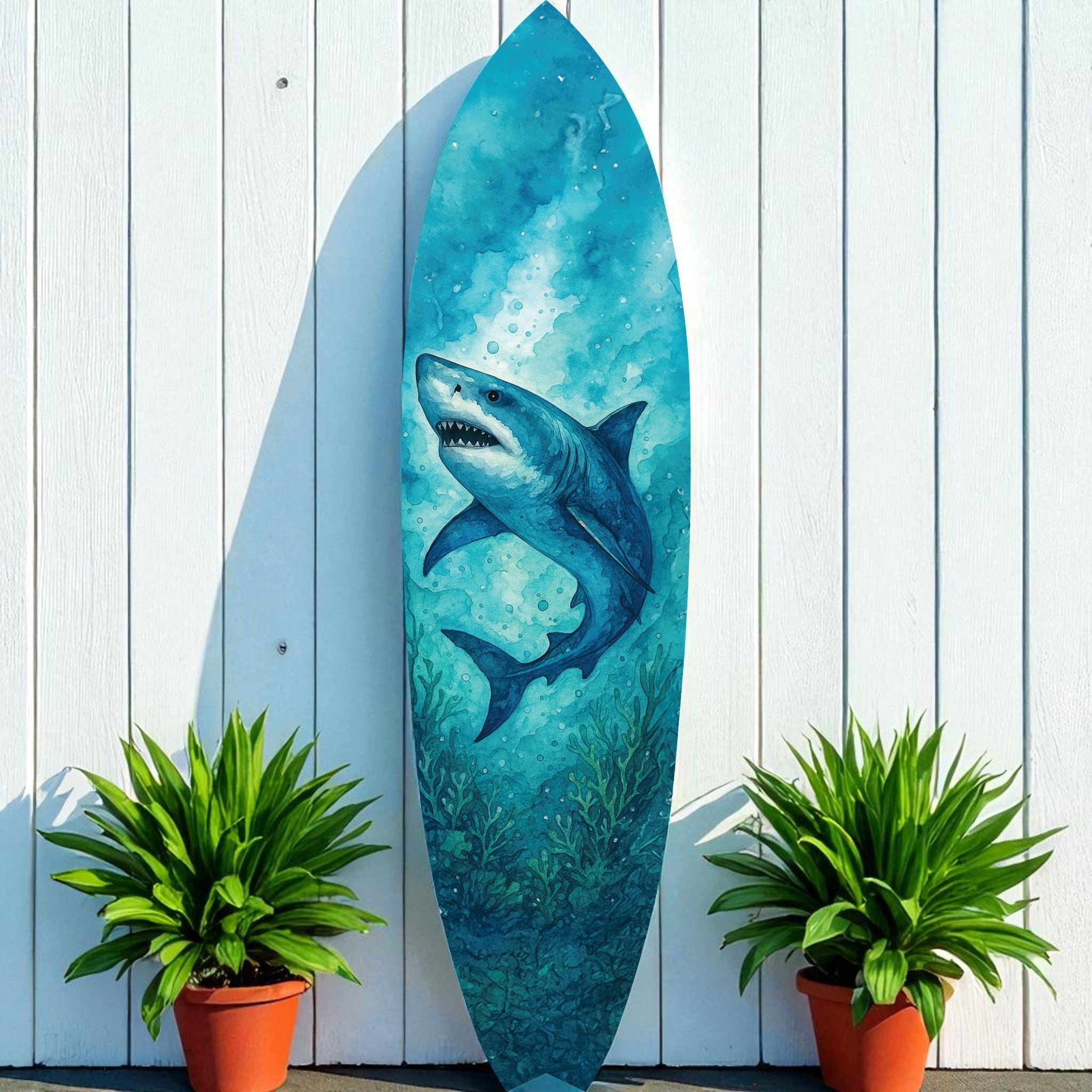 Shark Surfboard Wall Art – Watercolor Ocean Decor, Indoor Outdoor PVC, Coastal Shark Beach House Decoration, 3 - 5 Feet