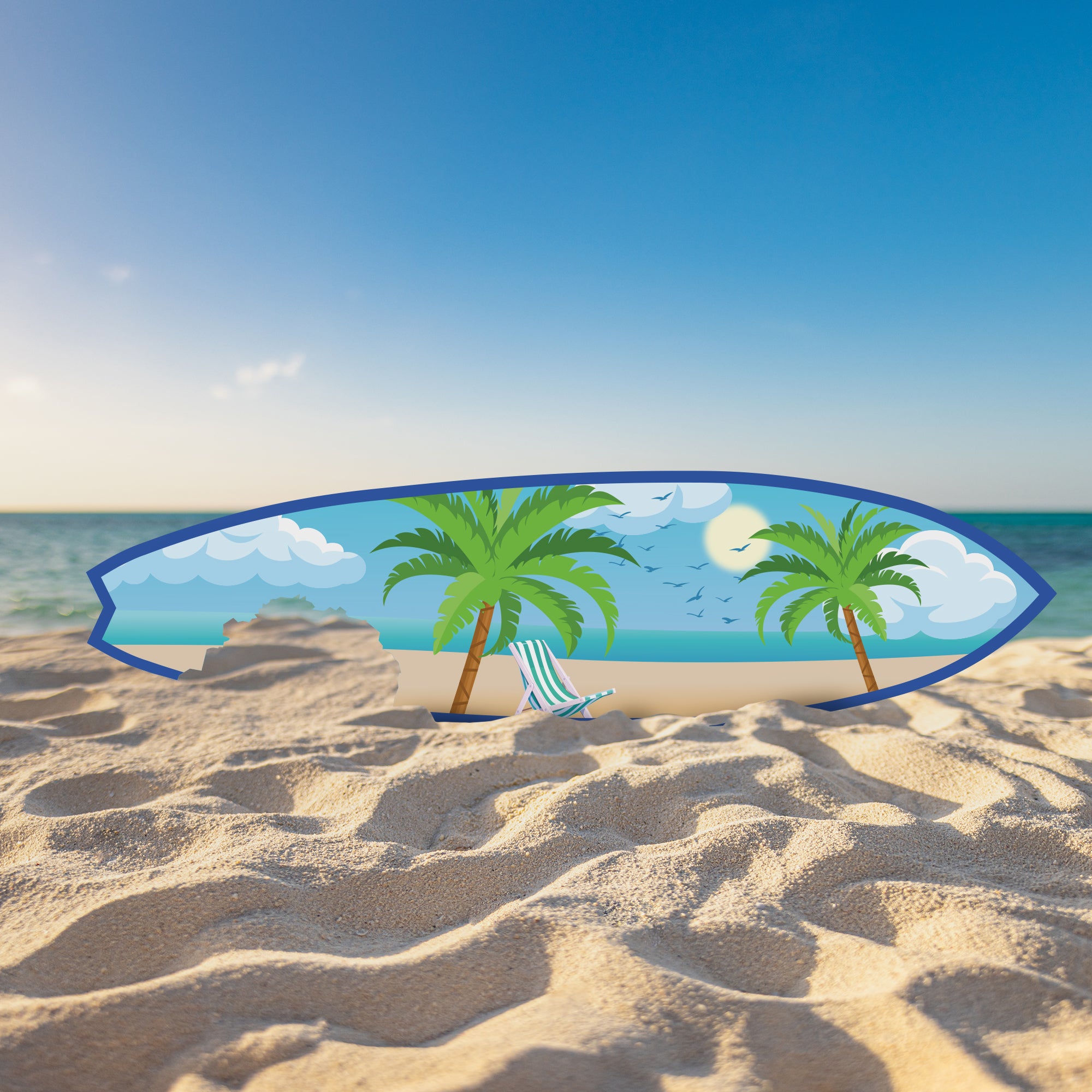 Outdoor Surfboard Wall Art, Beach Decor, Surfboard Sign with Shark Bite, Palm Trees and Beach-Themed, Weather Resistant PVC, 3 - 5 Feet