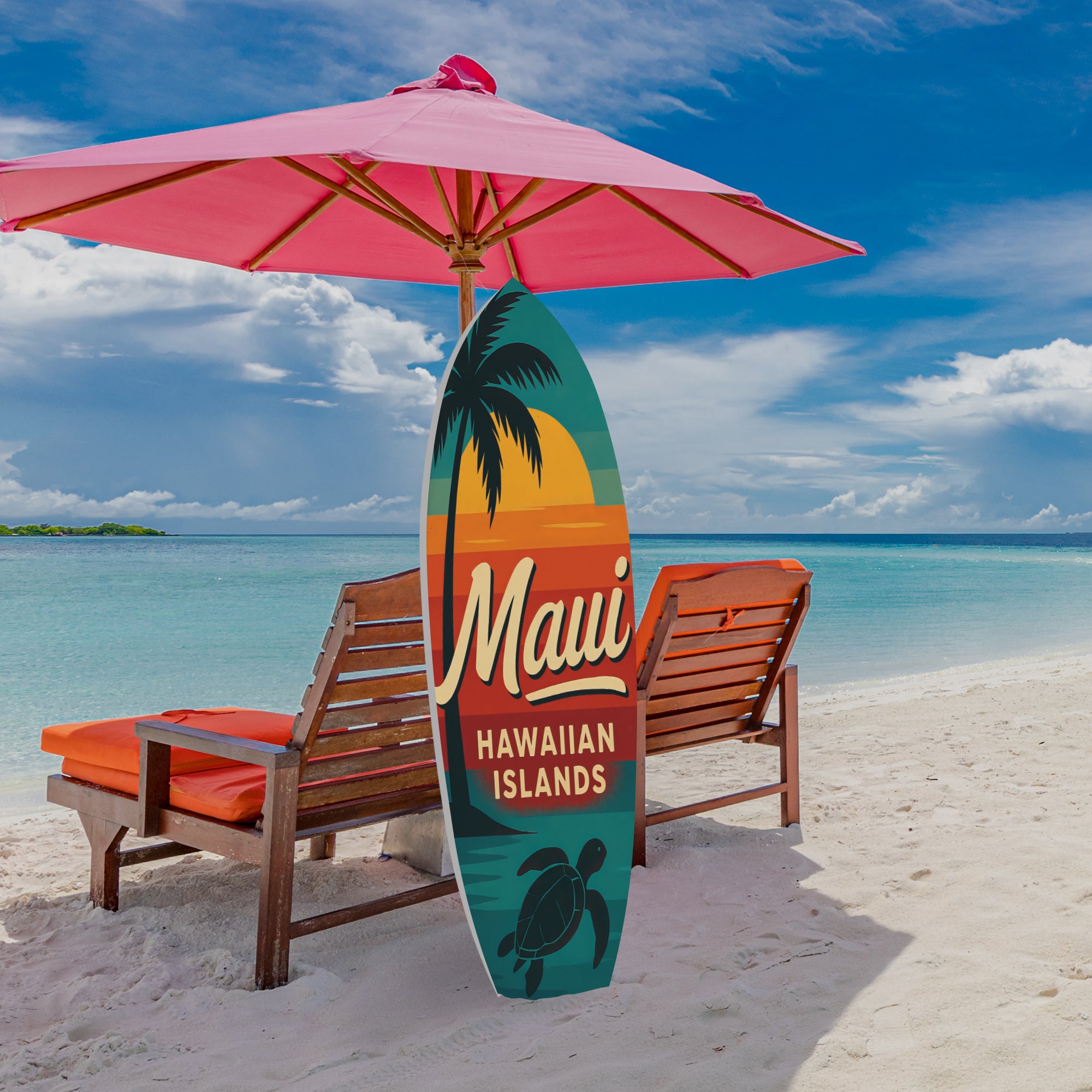 Outdoor Surfboard Wall Art - Maui Hawaiian Islands Sign, Palm Tree Sea Turtle, Coastal Beach House Decor Weatherproof PVC, 3 - 5 Feet
