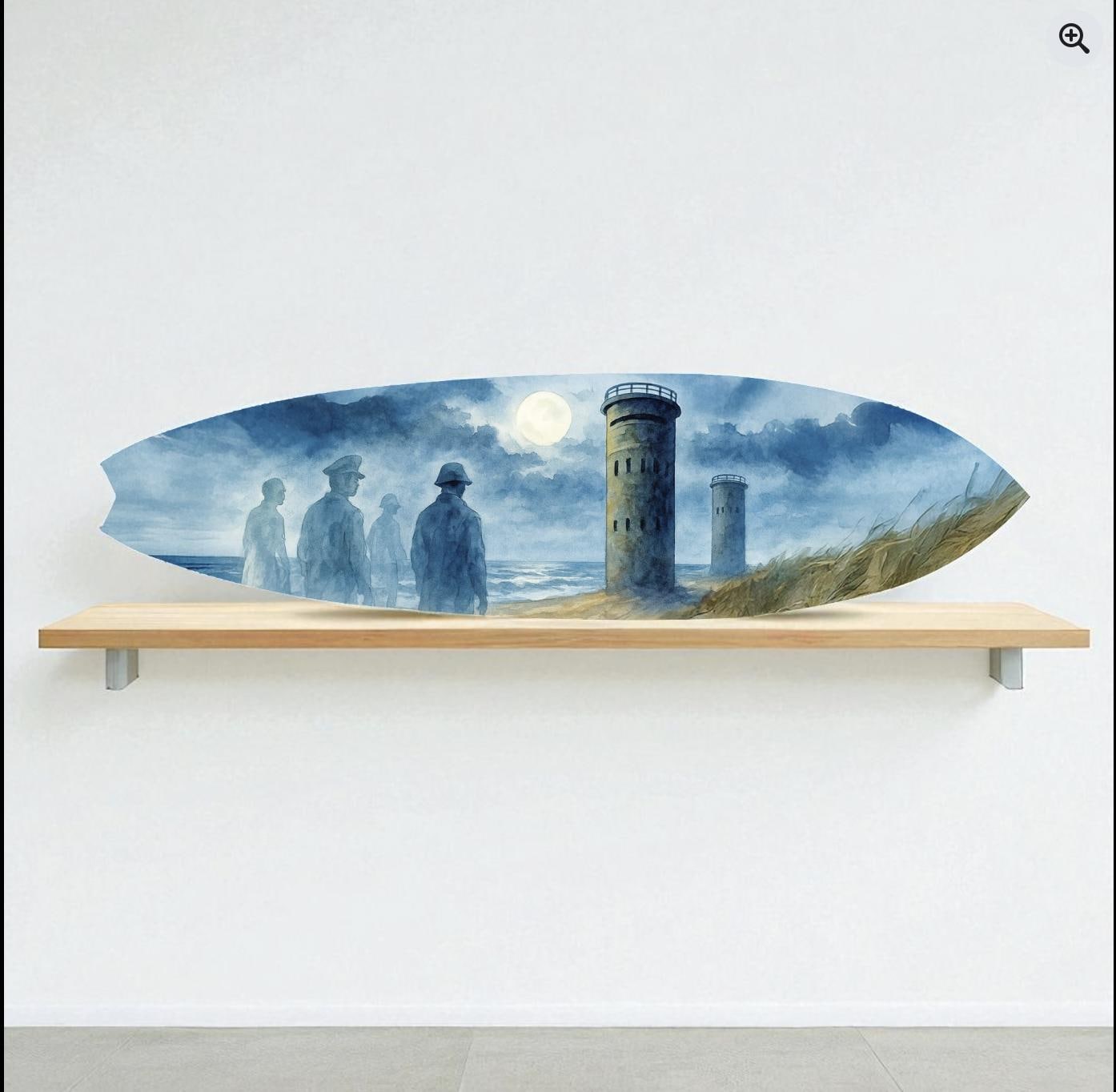 WWII Towers Surfboard Wall Art – Delaware Coastal Décor, Ghostly Soldiers Beach Sign, Unique Halloween Decoration