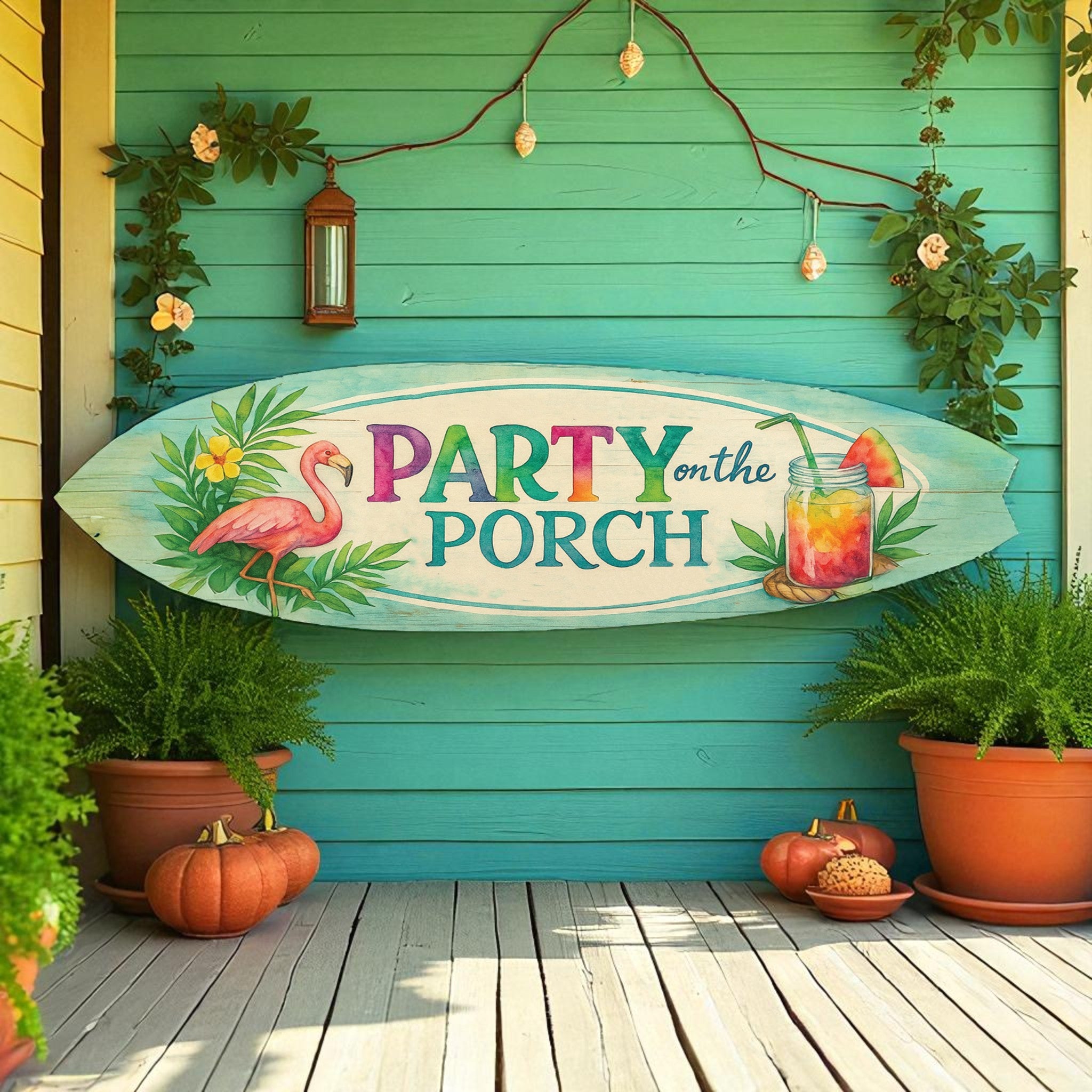 Party on the Porch Surfboard Wall Art – Indoor Outdoor PVC Porch Decor, Tropical Patio Sign, Flamingo Summer Decor, 2 - 5 Feet