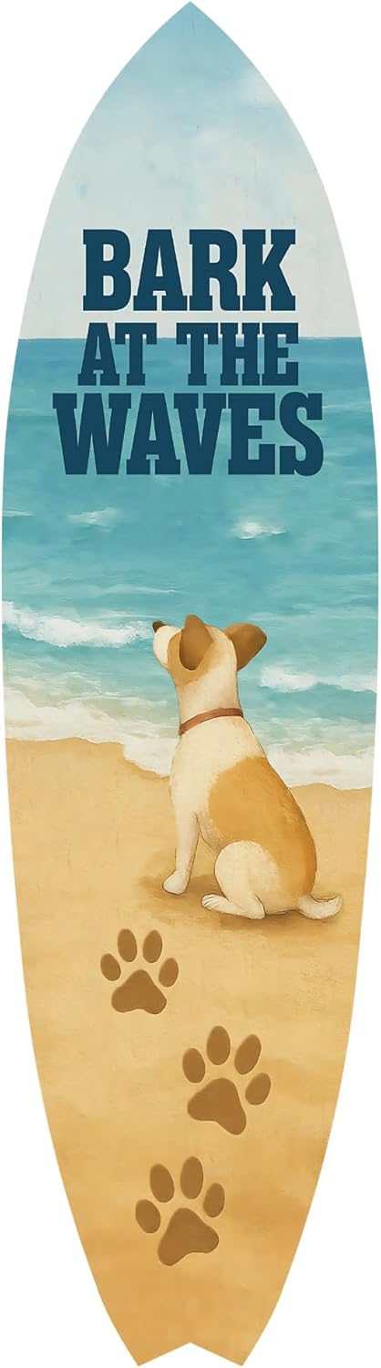 Outdoor Dog Surfboard Wall Decor – Coastal Pet Wall Art, PVC Beach House Decor, Bark at the Waves, 3 - 5 Feet