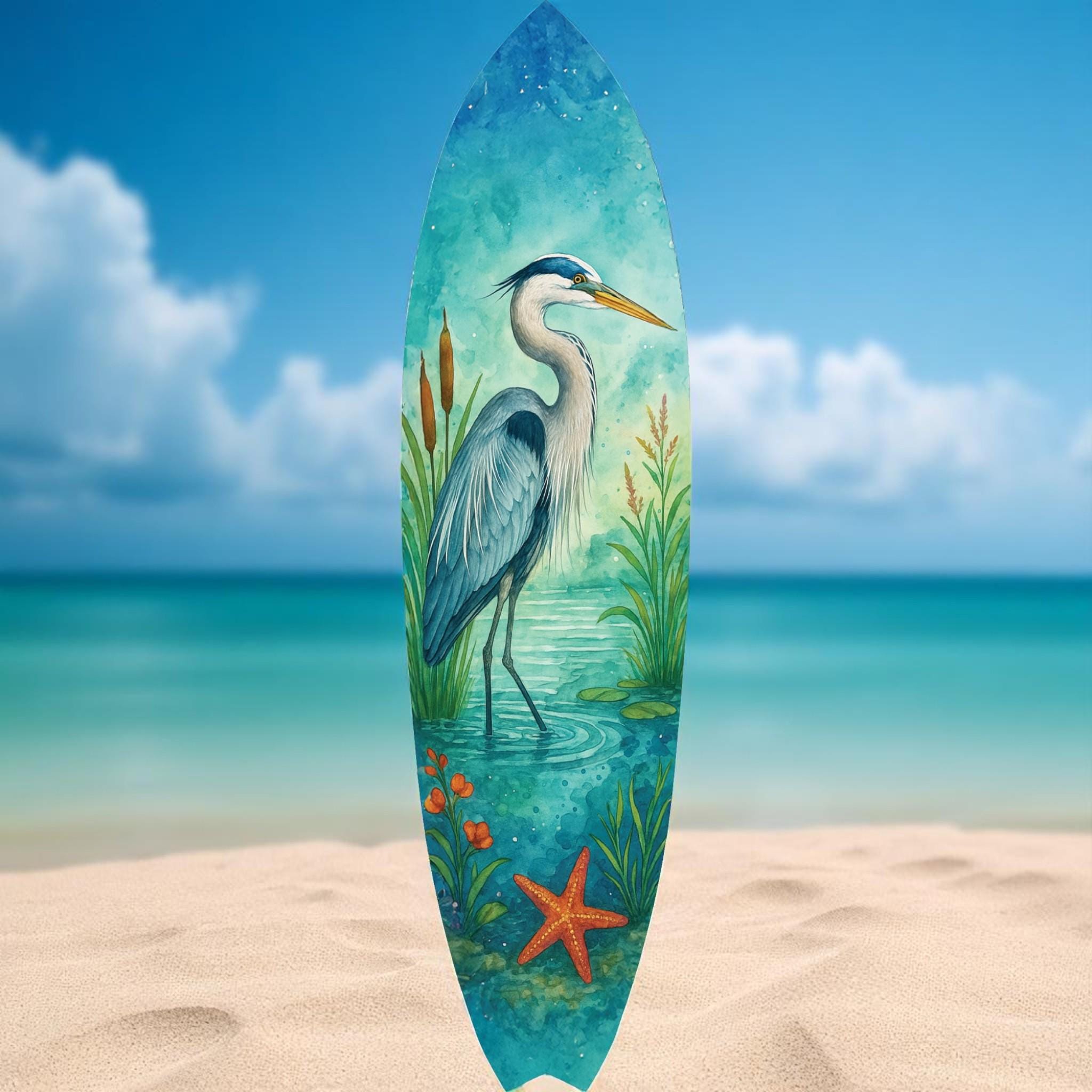 Egret Surfboard Wall Art – Coastal Watercolor Bird Decor – PVC Indoor Outdoor Beach House Art – Marsh Bird Wall Hanging Sign, 3 - 5 Feet
