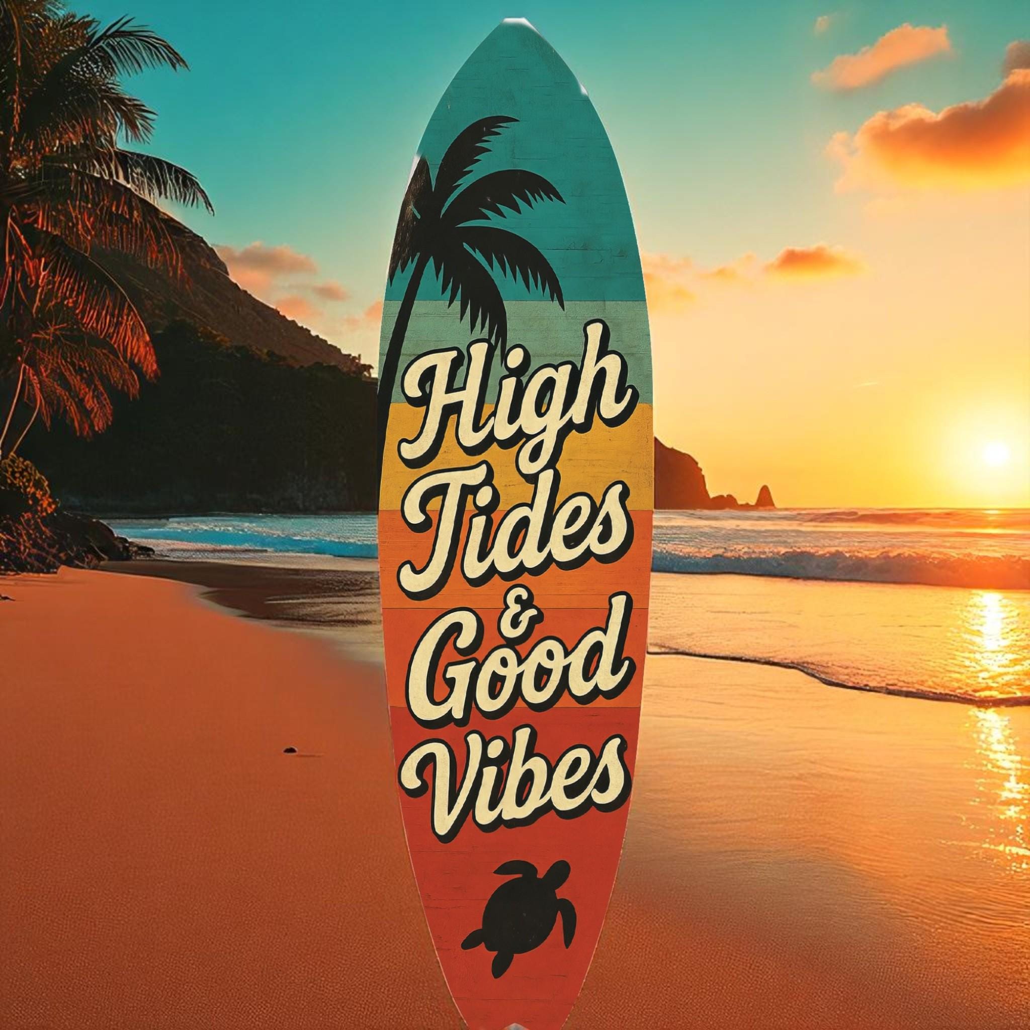 High Tides Good Vibes Surfboard Sign – Coastal Wall Decor with Sea Turtles, Palm Tree, Retro Beach House Art, Indoor Outdoor PVC, 3 - 5 Feet