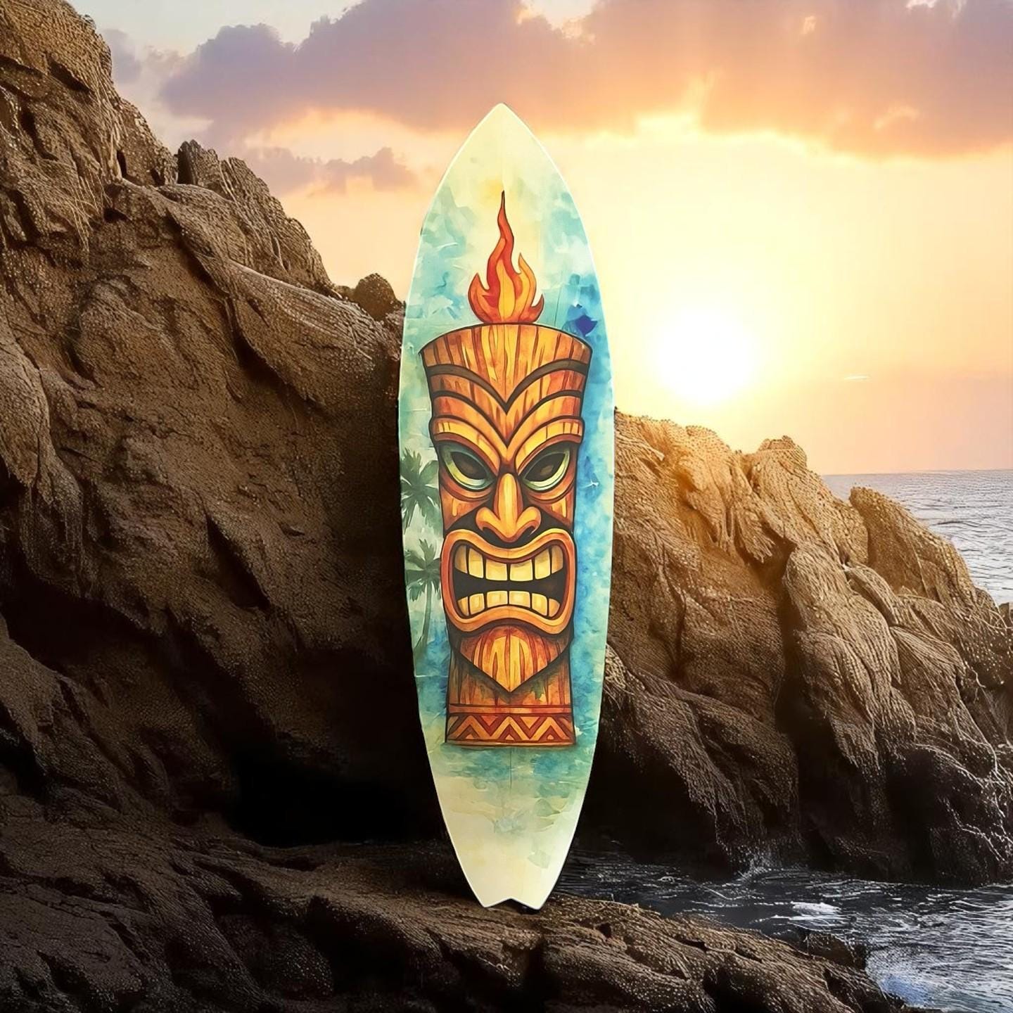 Tiki Surfboard Wall Art – Polynesian Tropical PVC Decor, Outdoor Tiki Mask Surfboard Sign for Patio, Beach House, Luau, or Bar Wall Display, 3 - 5 Feet