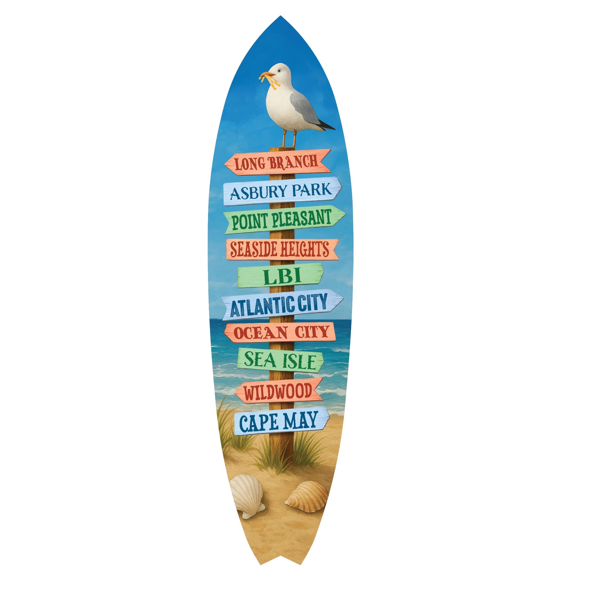 Jersey Shore Surfboard Wall Art – Coastal Beach House Decor New Jersey Towns, Weather-Resistant PVC Indoor Outdoor
