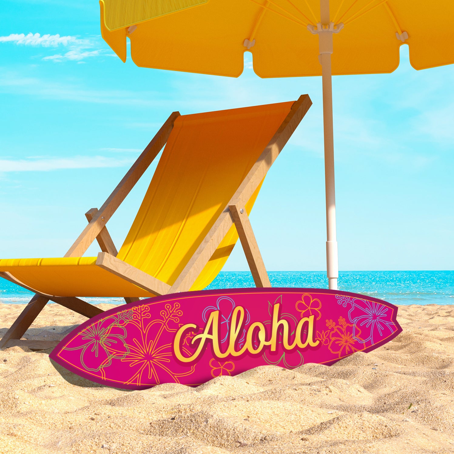 Outdoor Aloha Hawaiian Surfboard Wall Art, Hawaiian Decor Hibiscus Flowers, Weather Resistant PVC, Coastal Style Surfboard Sign, 3 - 5 Feet